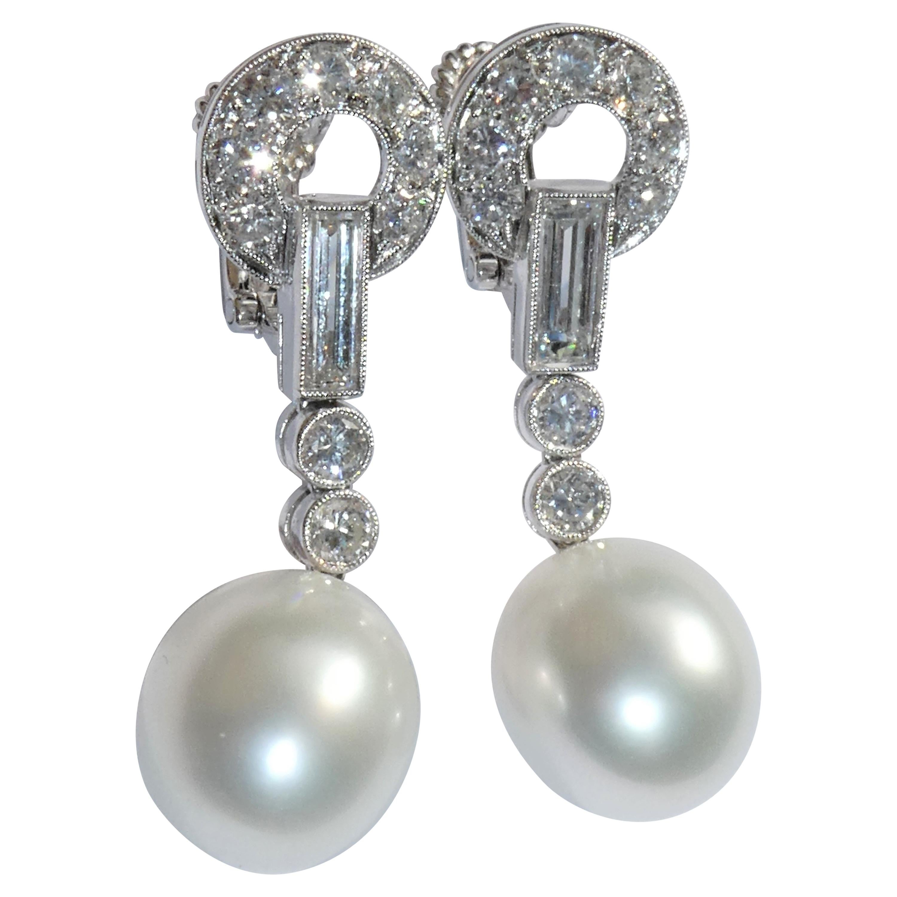 Exceptional South Sea Pearl Diamond 18 Karat White Gold Clip-On Drop Earrings For Sale