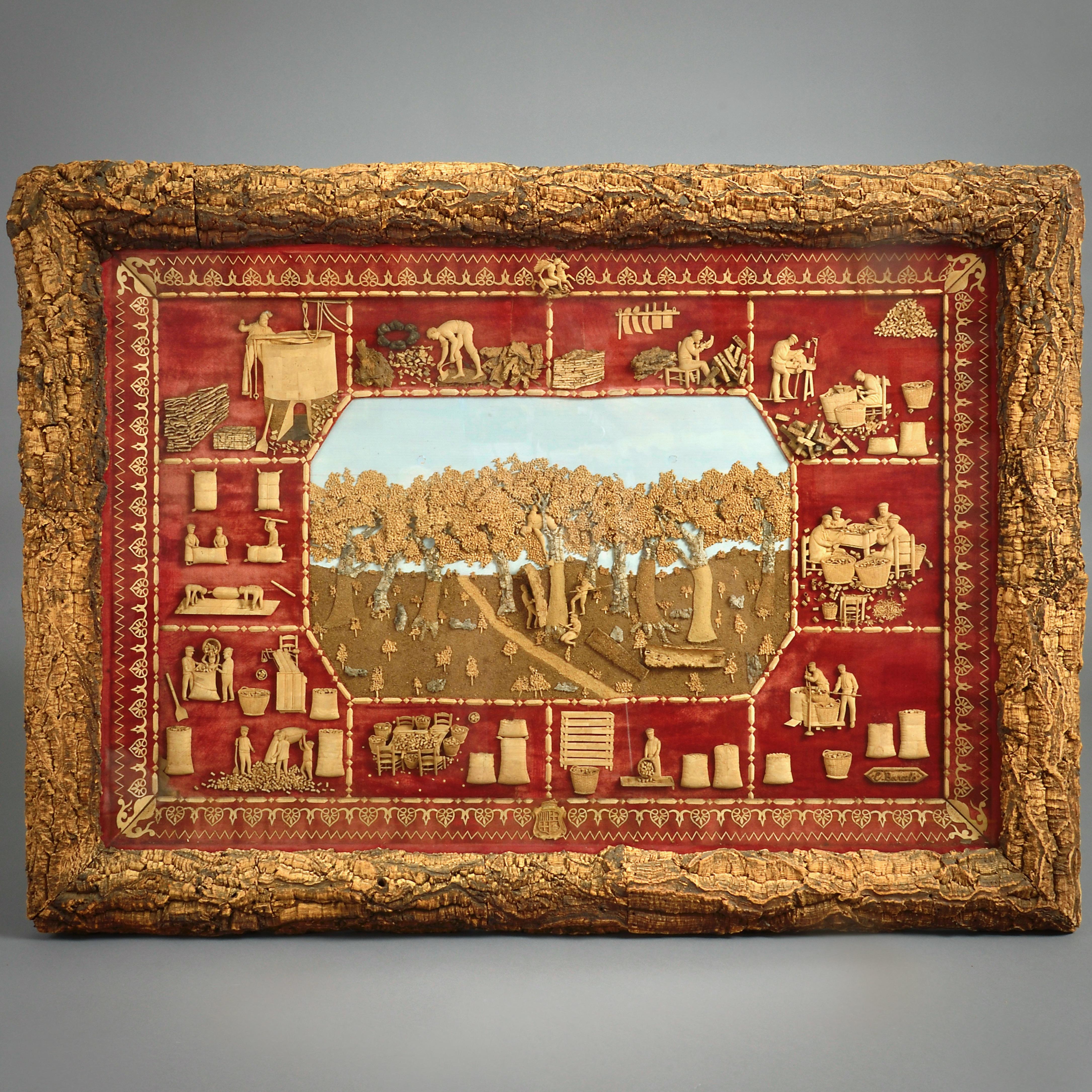 EXCEPTIONNEL TABLEAU ESPAGNOL SUR LE LIÈGE ILLUSTRANT LA PRODUCTION DE LIÈGE, VERS 1900.

Signé E Barcelo. Vignettes délicieusement sculptées sur velours cramoisi autour d'une scène centrale montrant la récolte du liège.