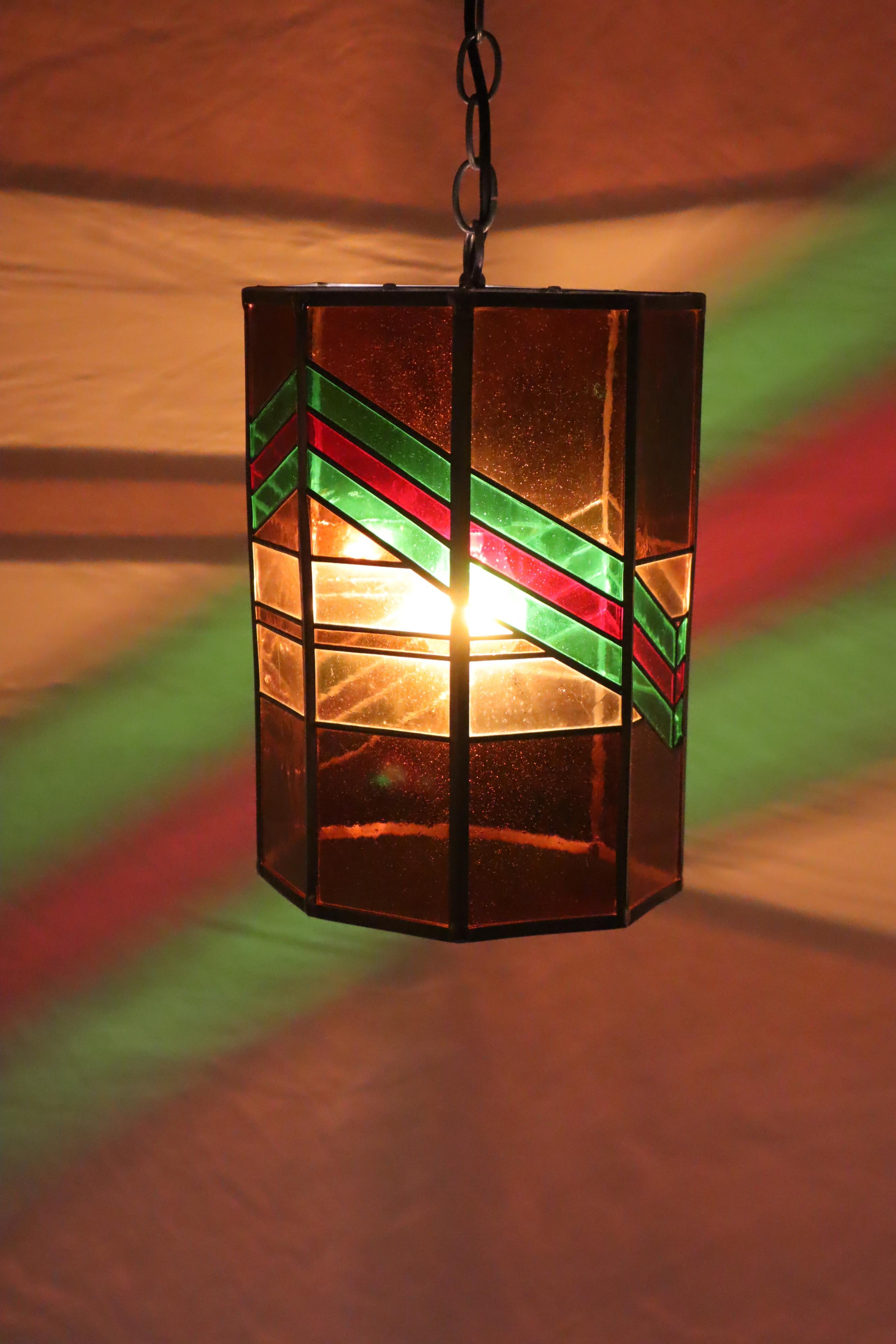 Mid-Century Modern Exceptional Stained Glass Pendant Lamp, Italy 1970 For Sale