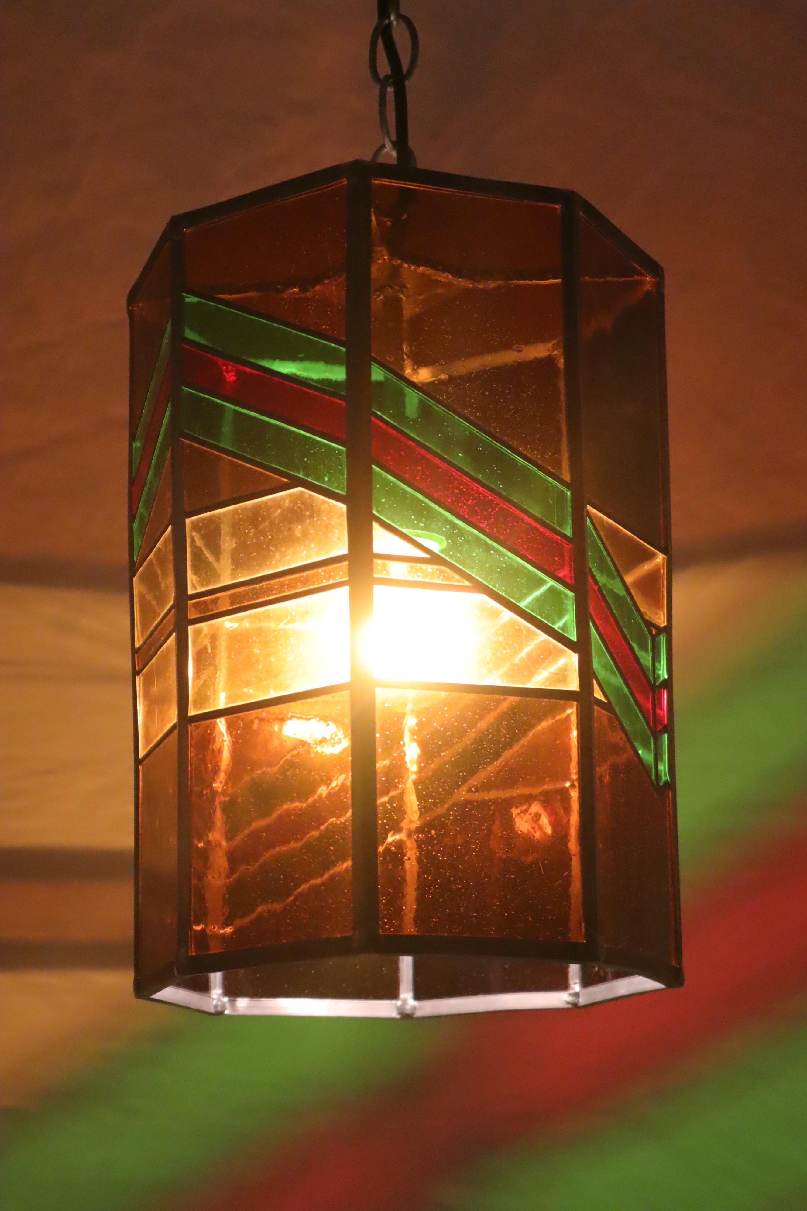 Italian Exceptional Stained Glass Pendant Lamp, Italy 1970 For Sale
