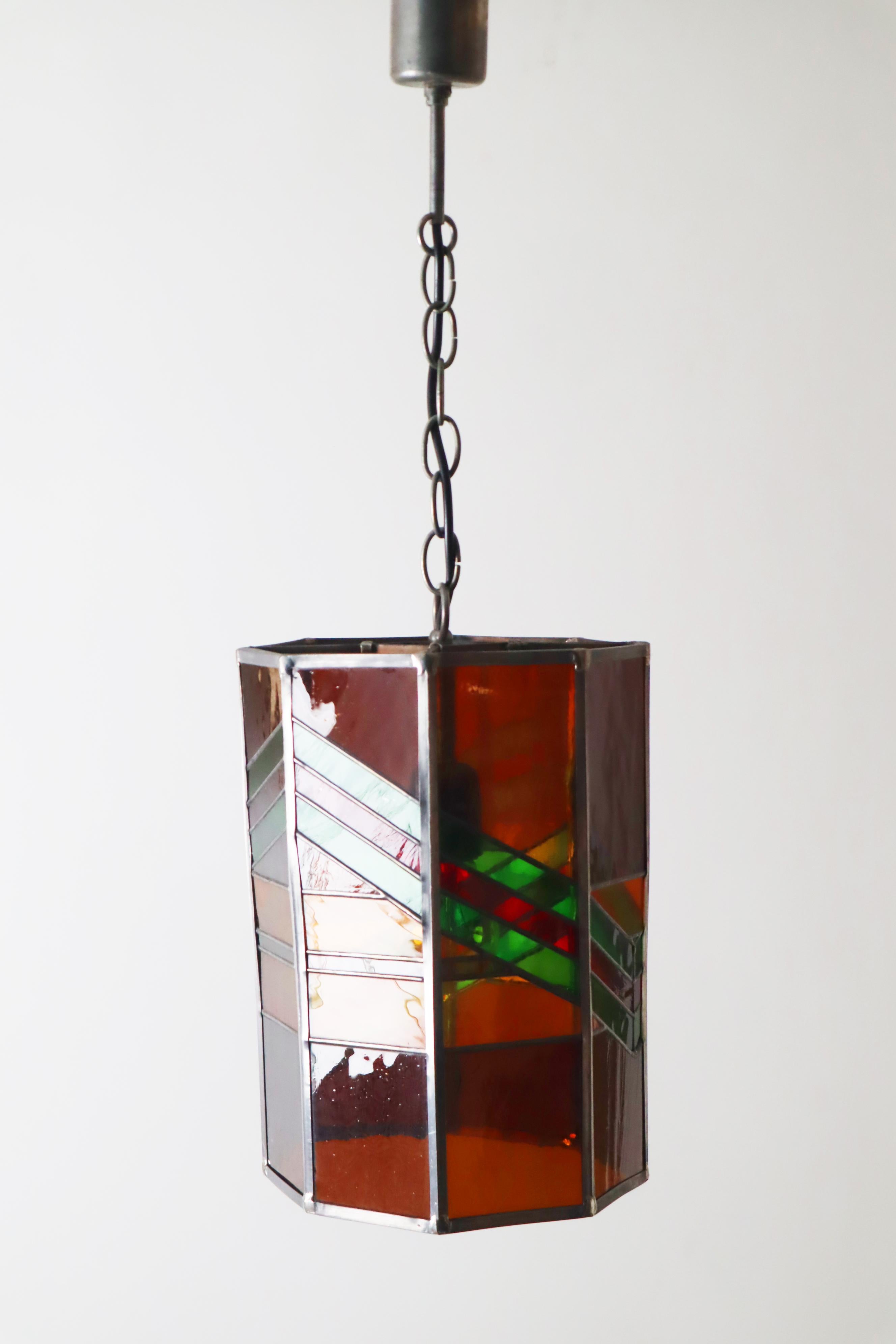 Metal Exceptional Stained Glass Pendant Lamp, Italy 1970 For Sale