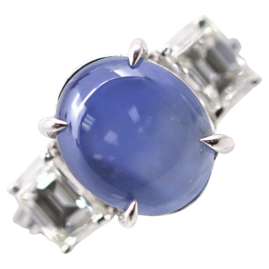 Exceptional Star Sapphire Diamond Platinum 3-Stone Ring, GIA Certified For Sale