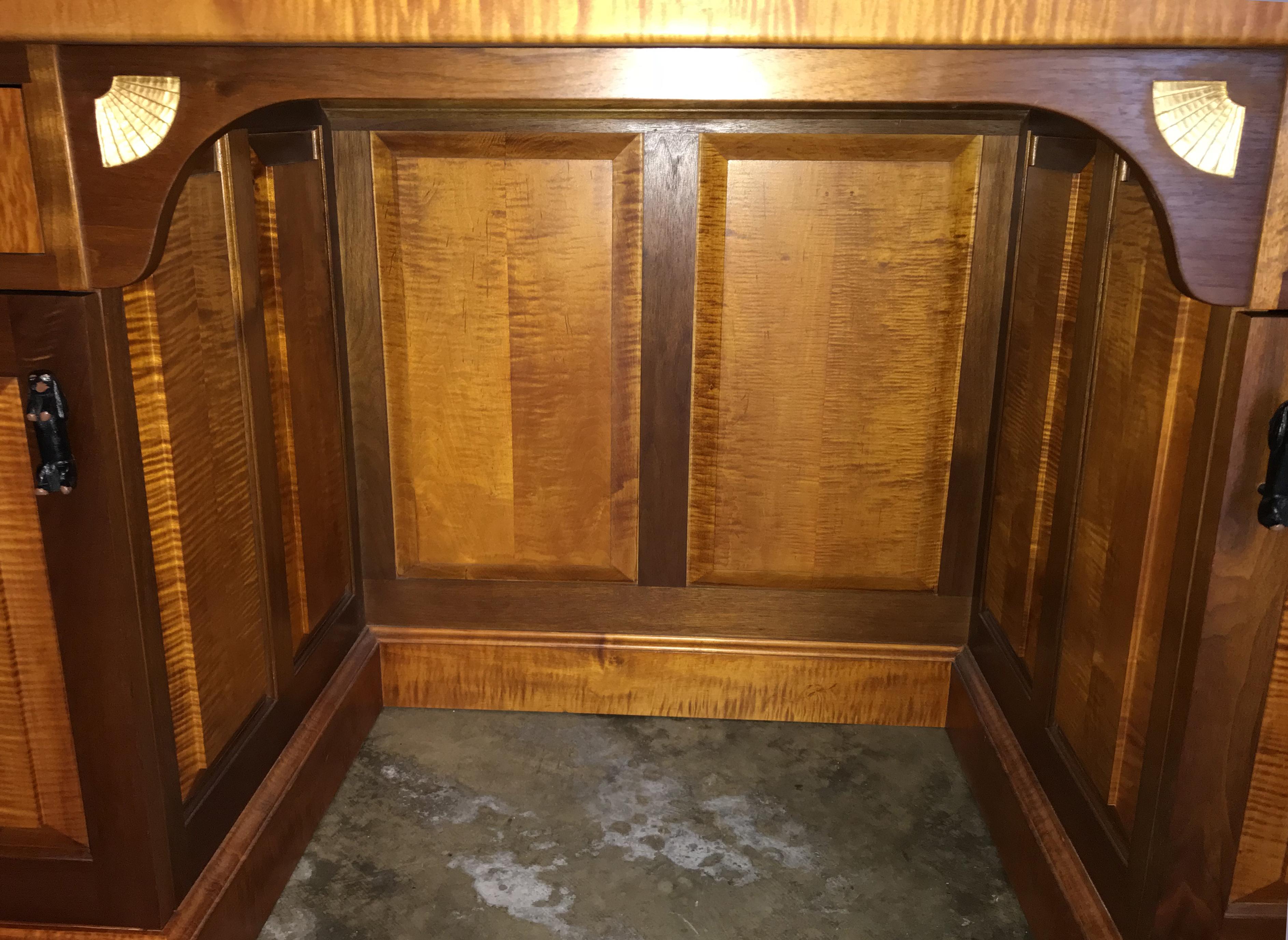 American Exceptional Stephen Huneck Custom Tiger Maple and Walnut Desk with Dog Motif