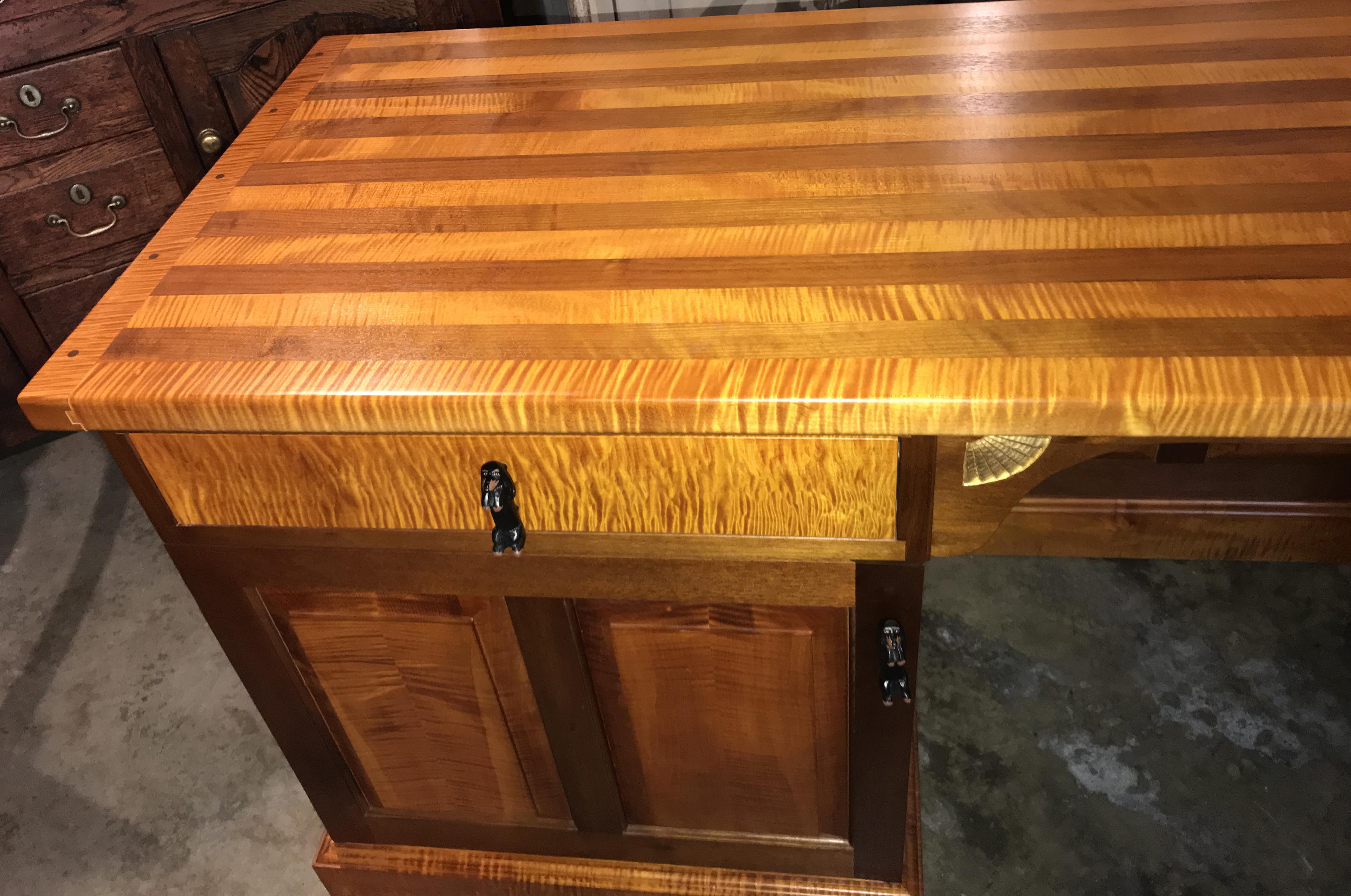 Hand-Crafted Exceptional Stephen Huneck Custom Tiger Maple and Walnut Desk with Dog Motif
