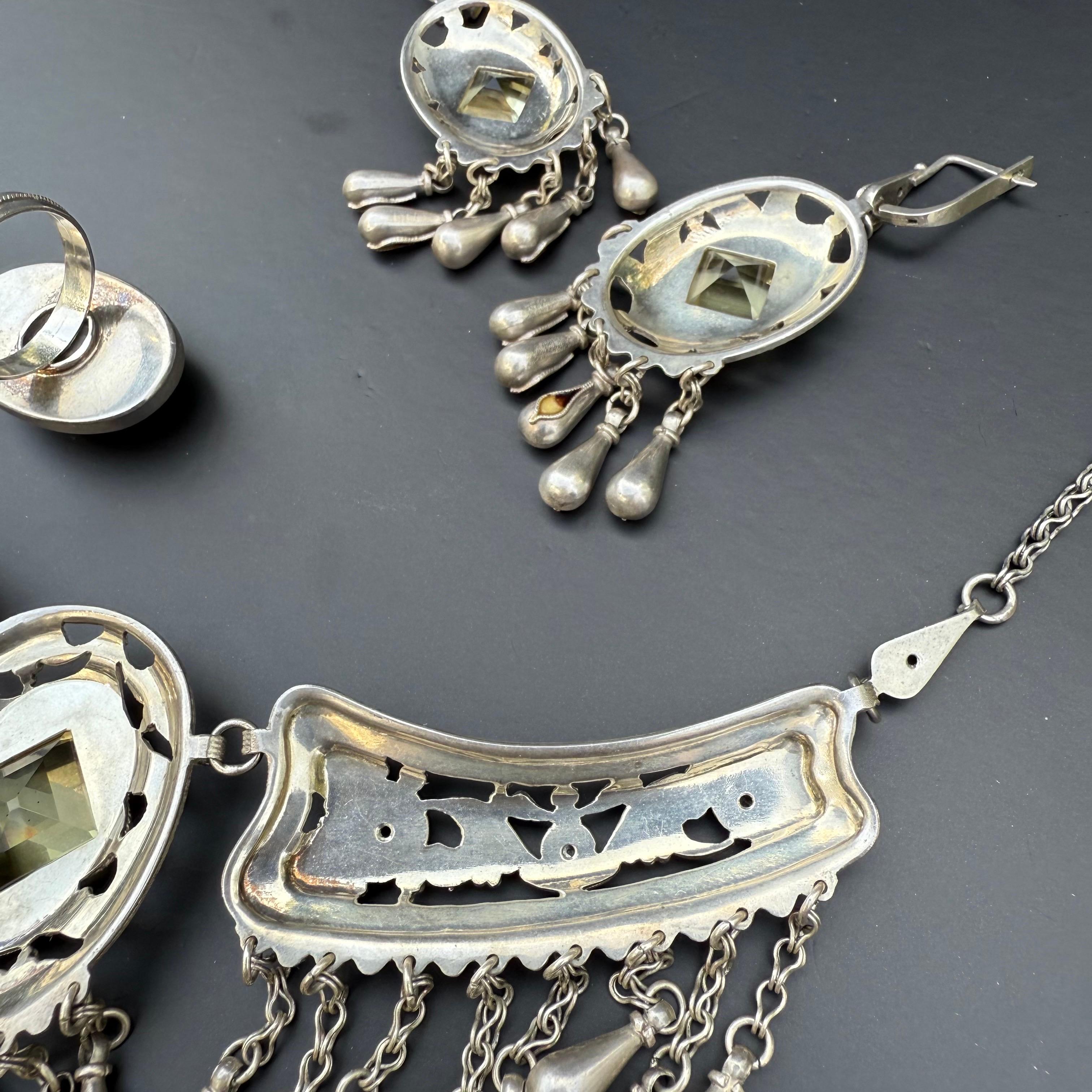 Egyptian Revival Exceptional Sterling Silver Enamel  Necklace, Bracelet earrings & Ring For Sale
