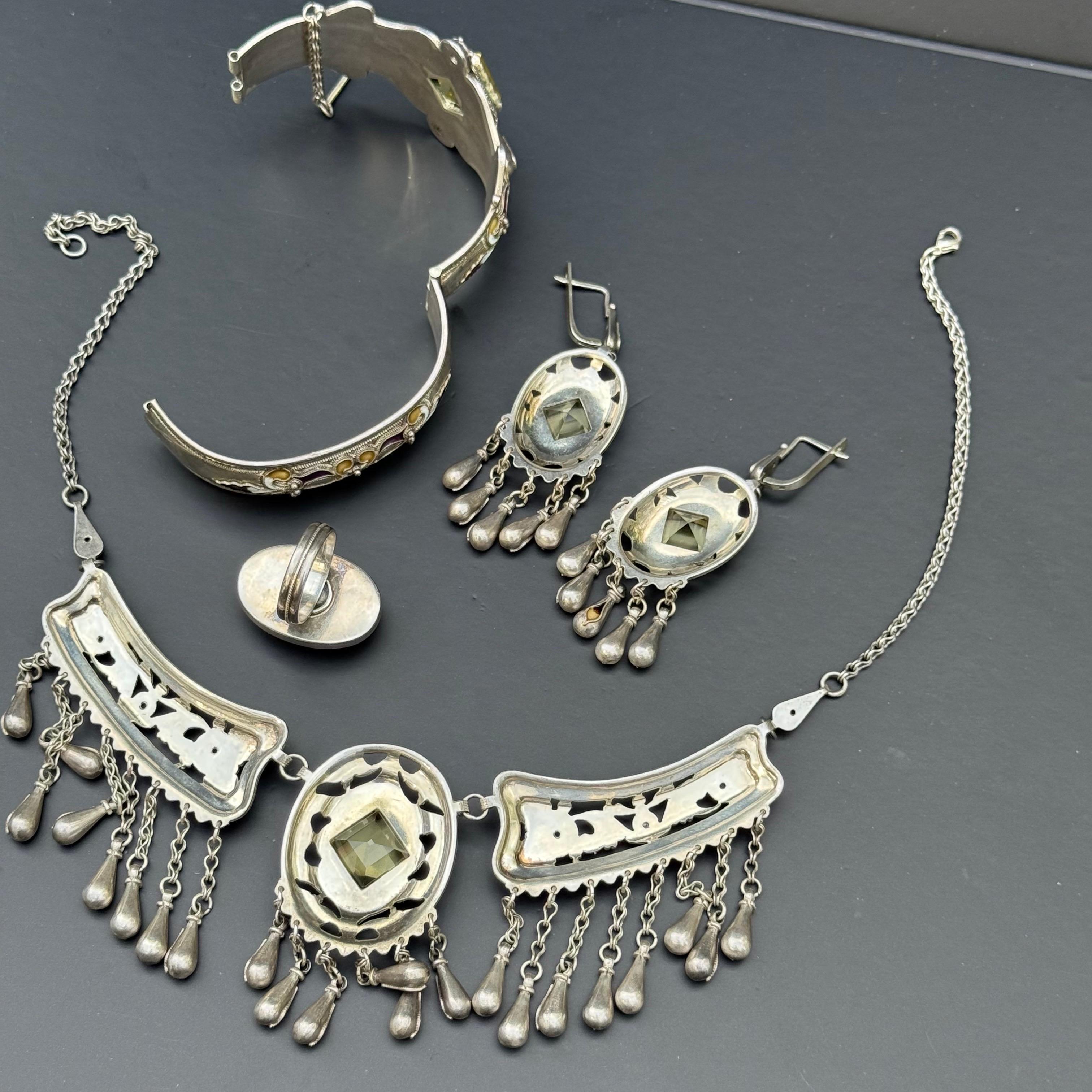 Exceptional Sterling Silver Enamel  Necklace, Bracelet earrings & Ring For Sale 1