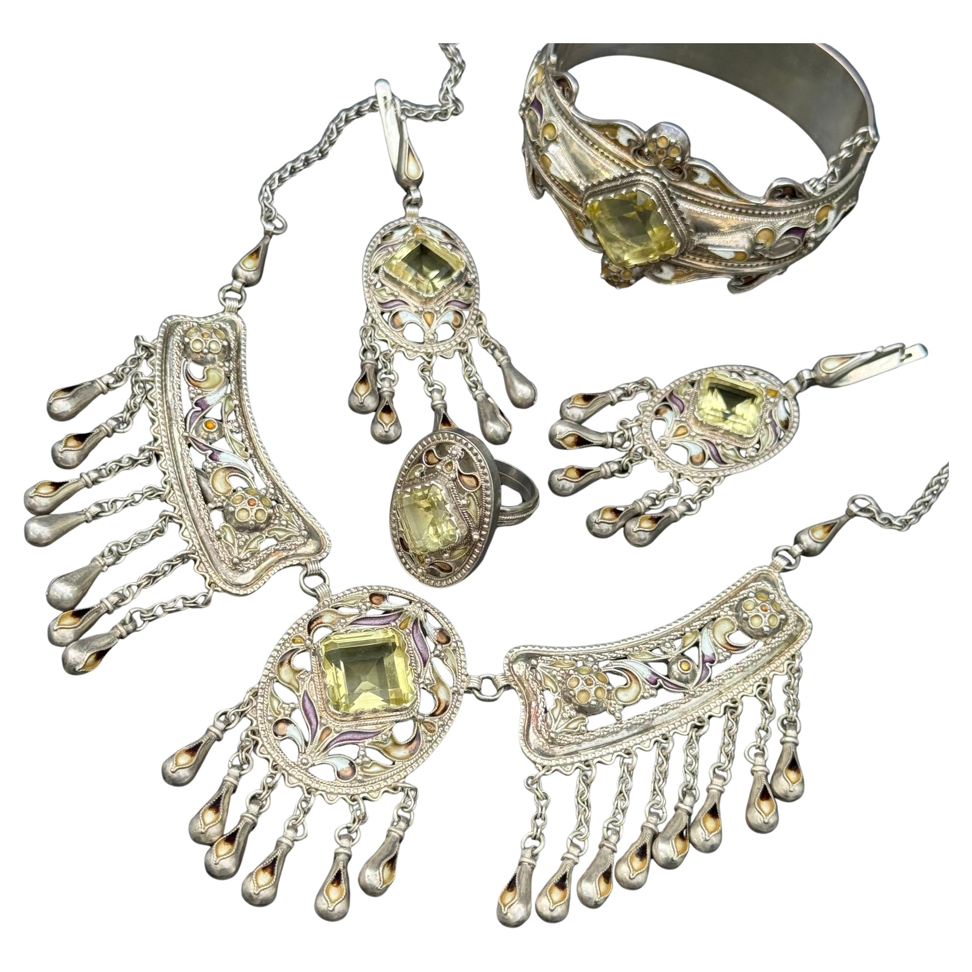Exceptional Sterling Silver Enamel  Necklace, Bracelet earrings & Ring For Sale