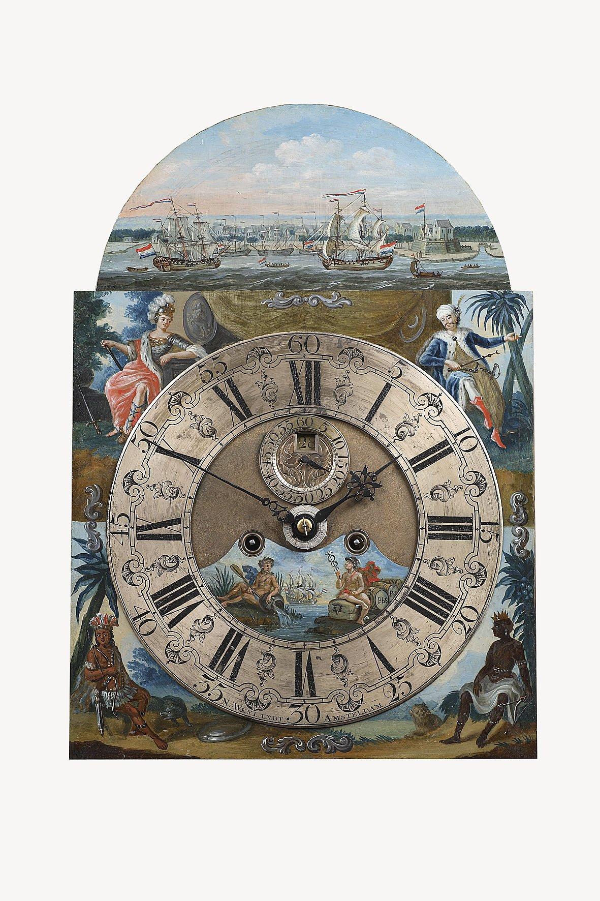 A Surinam-themed Amsterdam long-case clock

The Netherlands, 1746-1756, dial signed Nicolaas Weylandt/Amsterdam

The case of the clock is made of Rio palisander veneer and snakewood, with the arch showing a painted scene of the harbour of