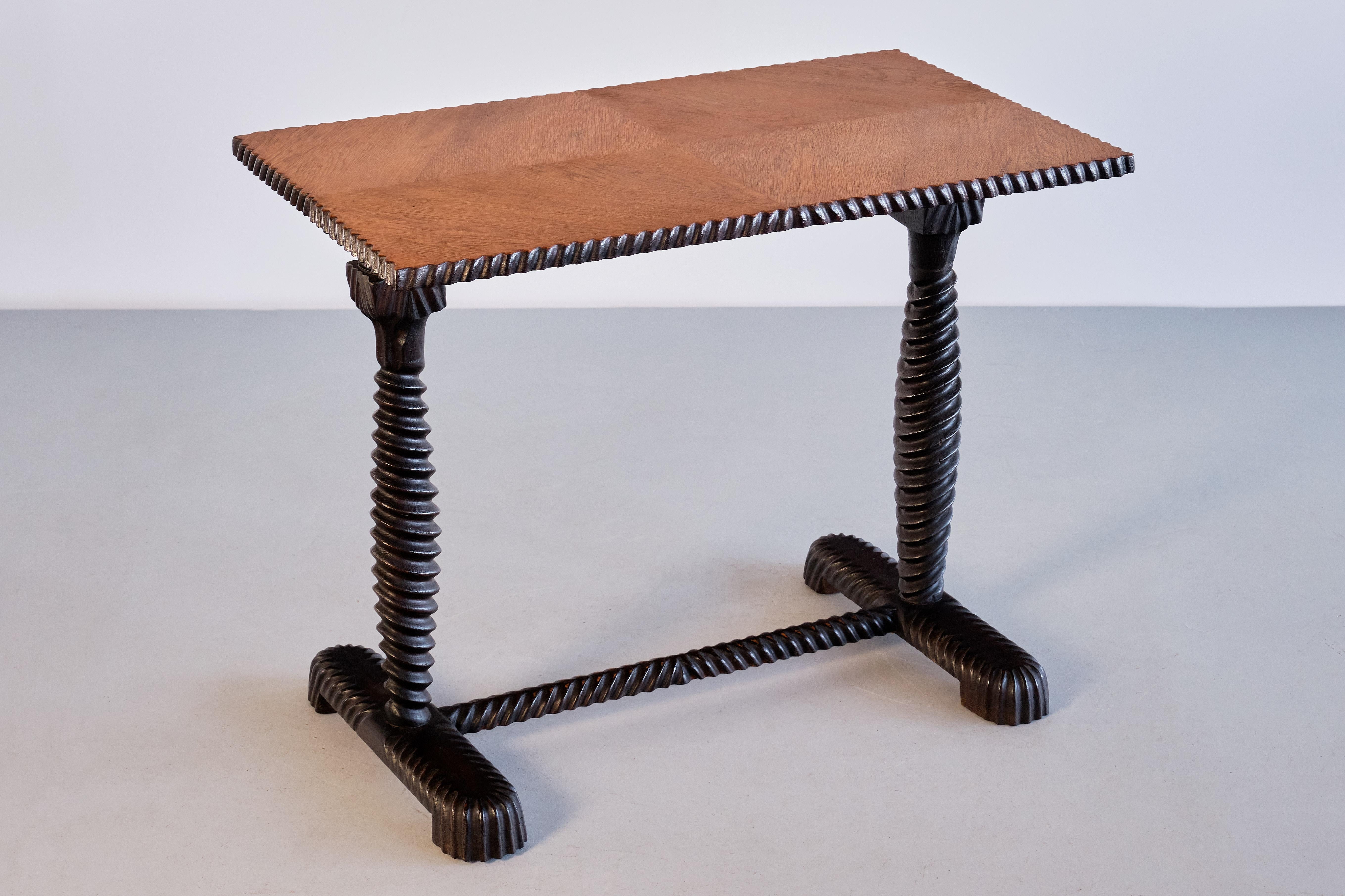 Exceptional Swedish Grace Side Table with Carved Frame, Oak Top, Sweden, 1930s For Sale 8