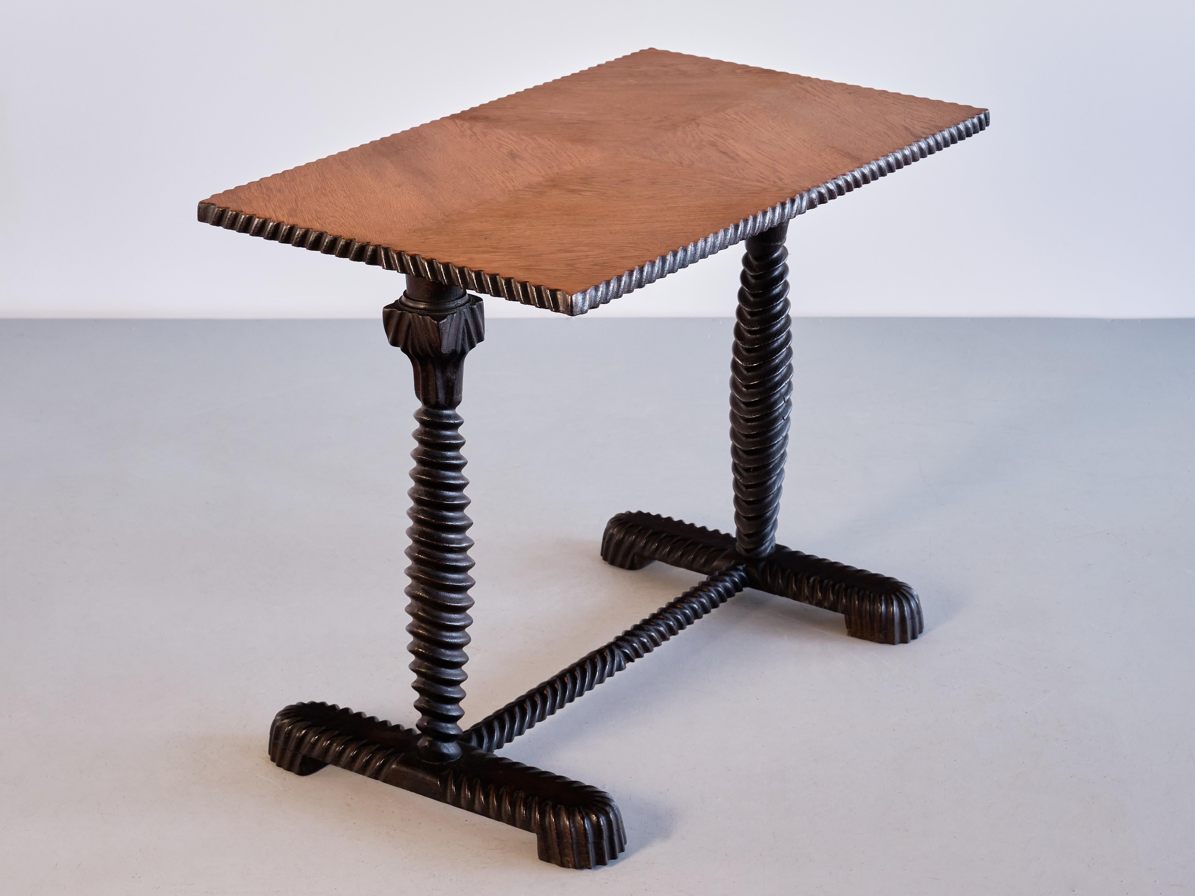 Scandinavian Modern Exceptional Swedish Grace Side Table with Carved Frame, Oak Top, Sweden, 1930s For Sale