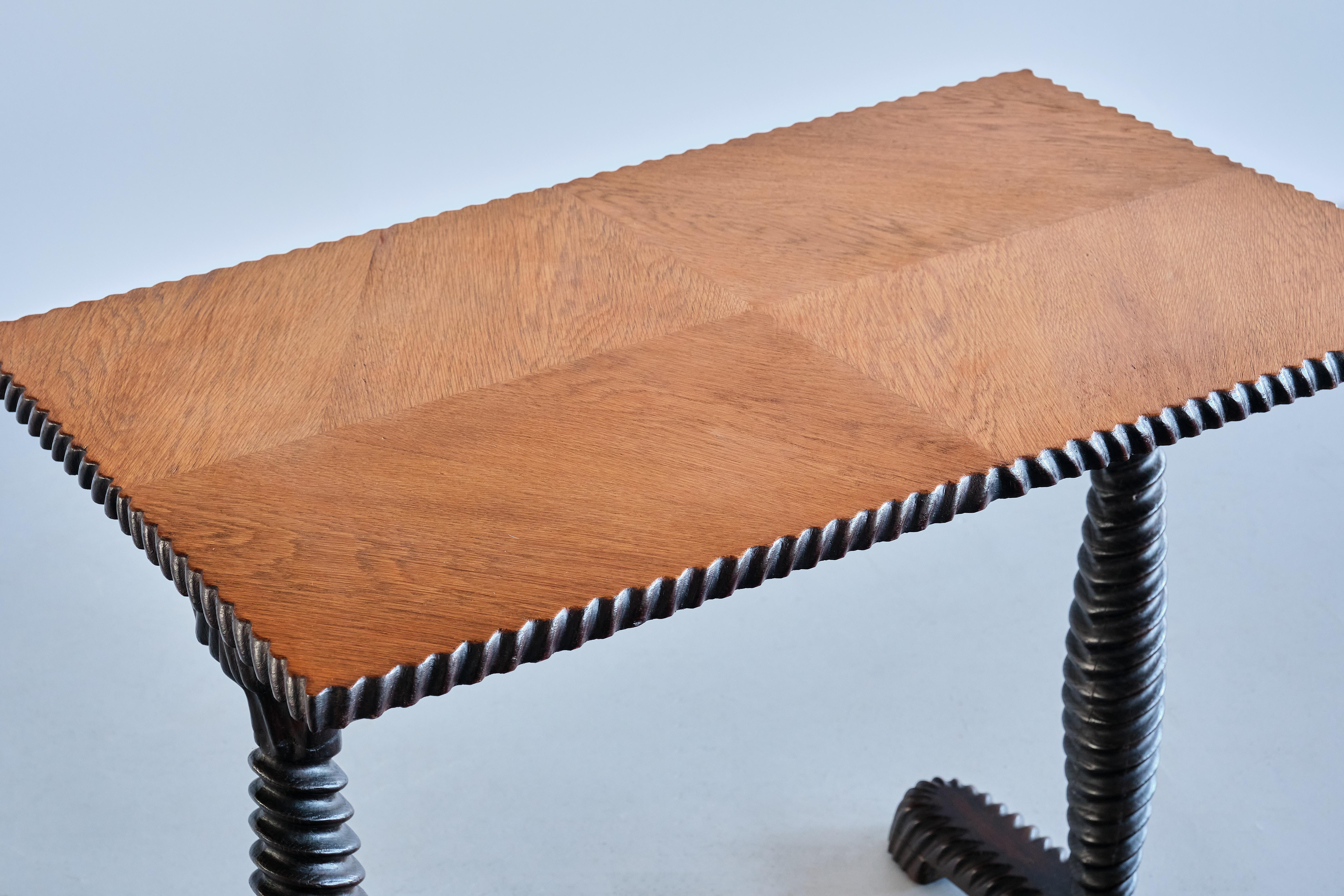 Exceptional Swedish Grace Side Table with Carved Frame, Oak Top, Sweden, 1930s In Good Condition For Sale In The Hague, NL