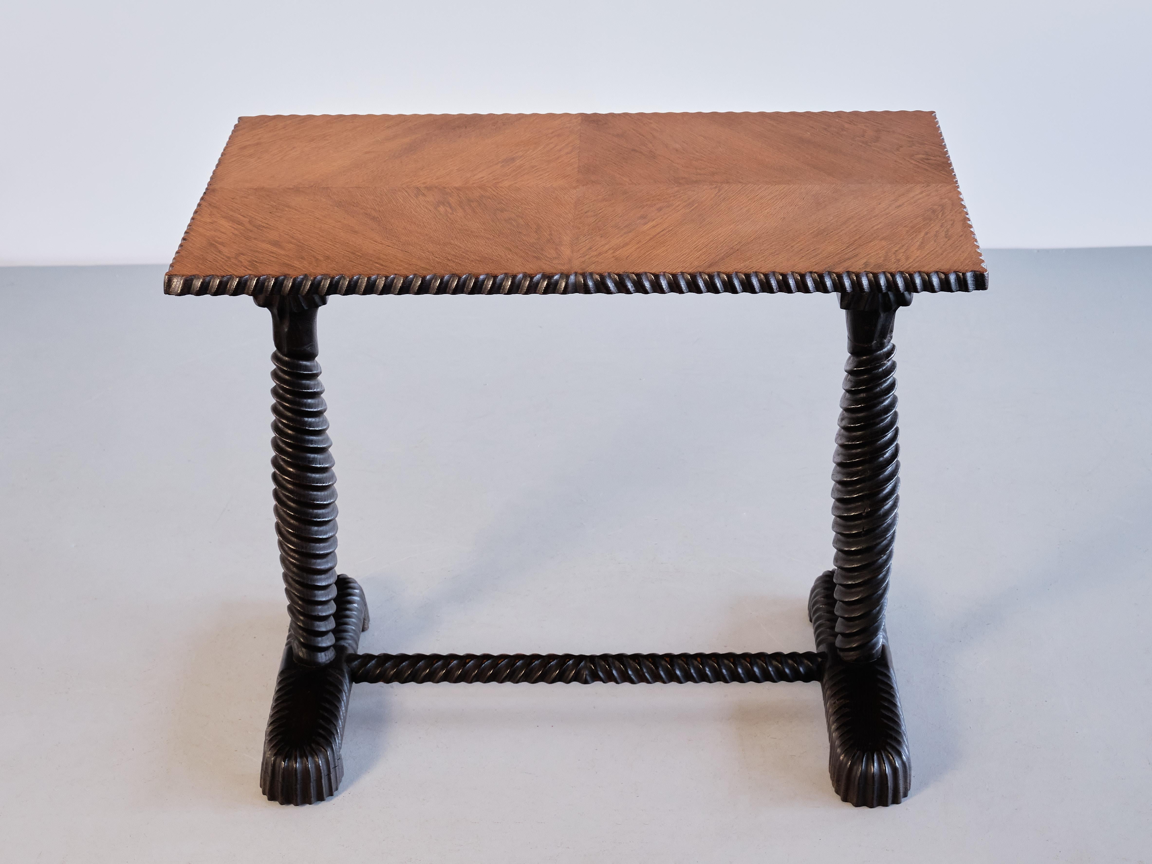 Mid-20th Century Exceptional Swedish Grace Side Table with Carved Frame, Oak Top, Sweden, 1930s For Sale