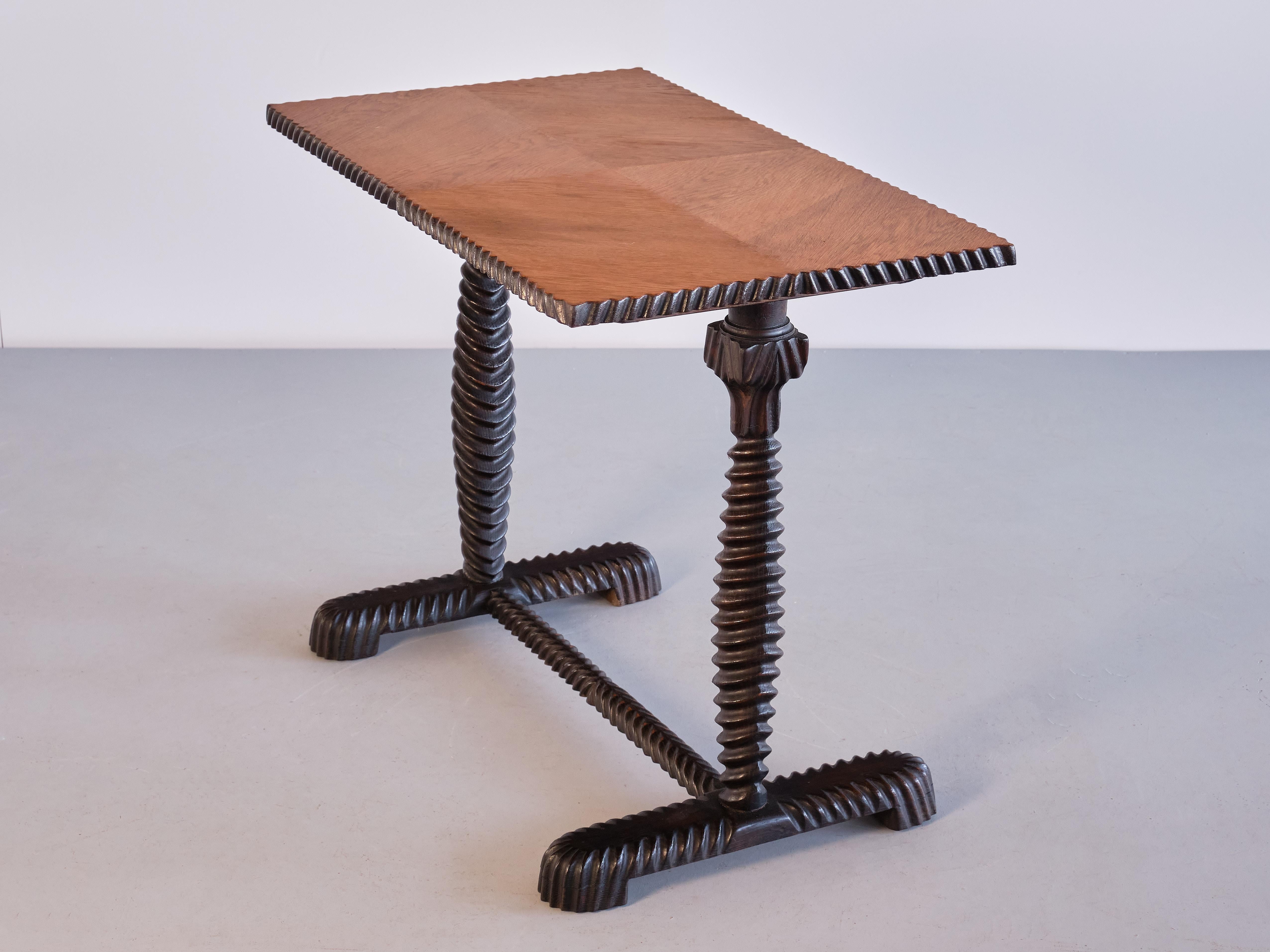 Exceptional Swedish Grace Side Table with Carved Frame, Oak Top, Sweden, 1930s For Sale 2