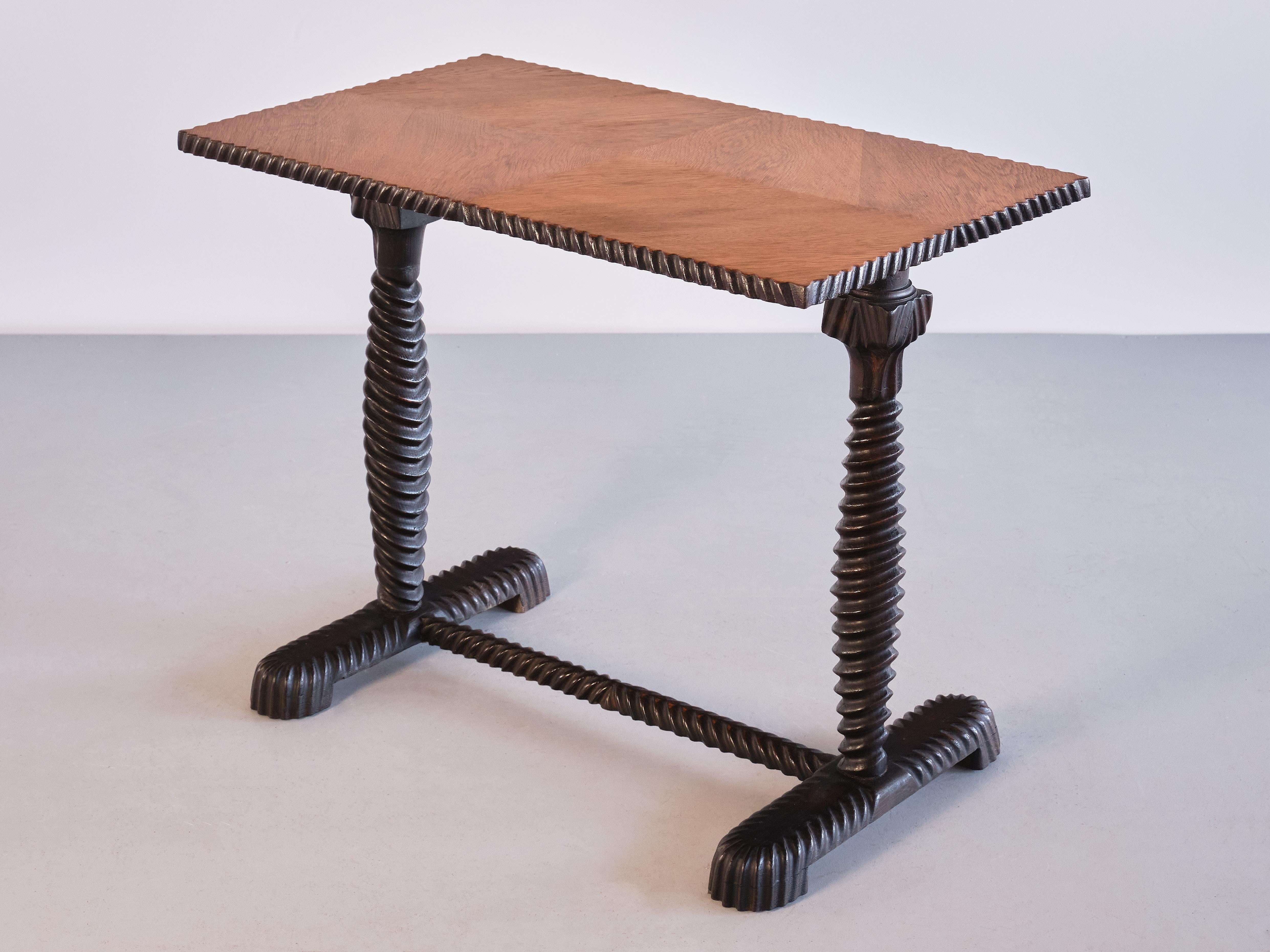 Exceptional Swedish Grace Side Table with Carved Frame, Oak Top, Sweden, 1930s For Sale 3