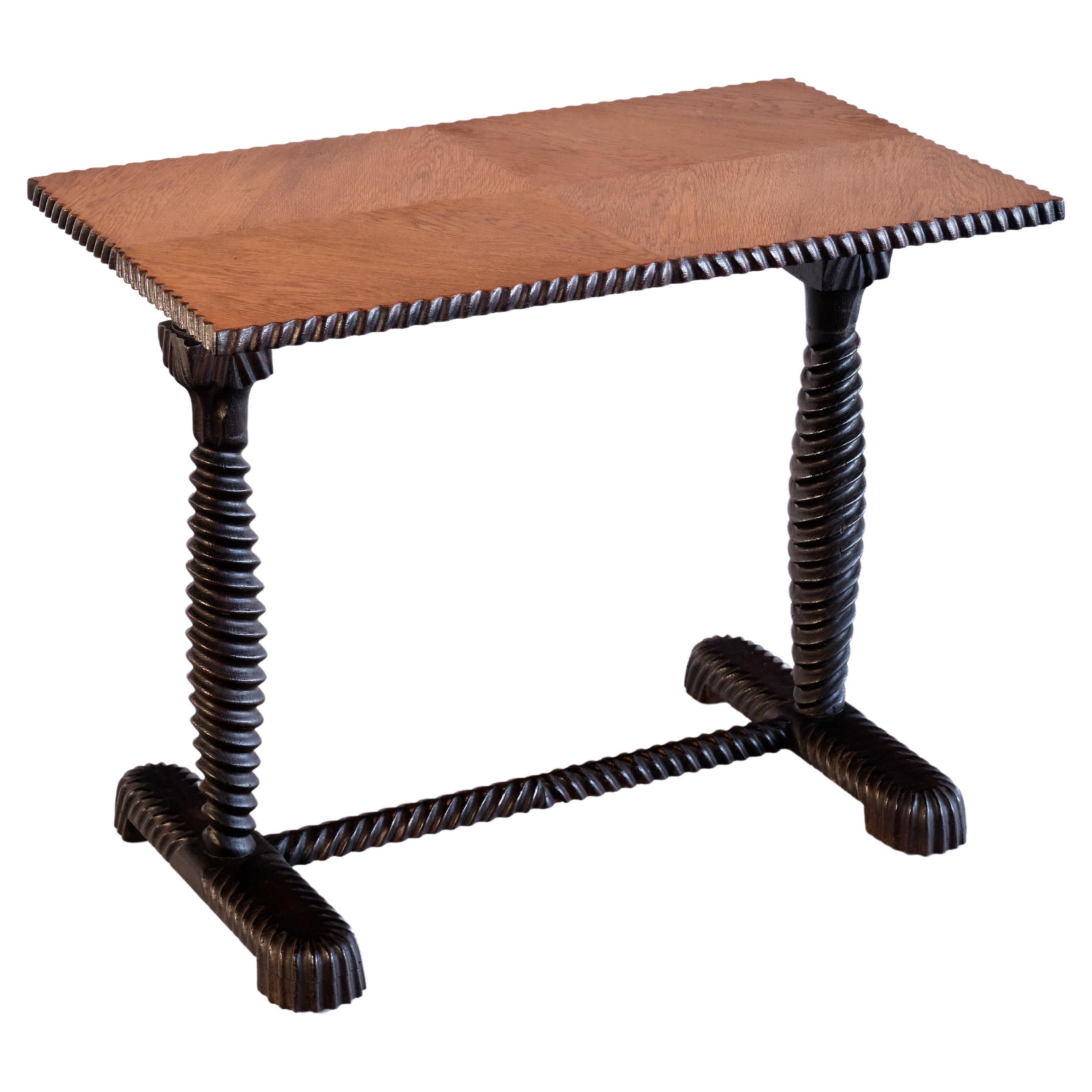 Exceptional Swedish Grace Side Table with Carved Frame, Oak Top, Sweden, 1930s For Sale