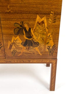 Exceptional Swedish Modern Intarsia Cabinet Depicting Artemis on Mount Olympus.