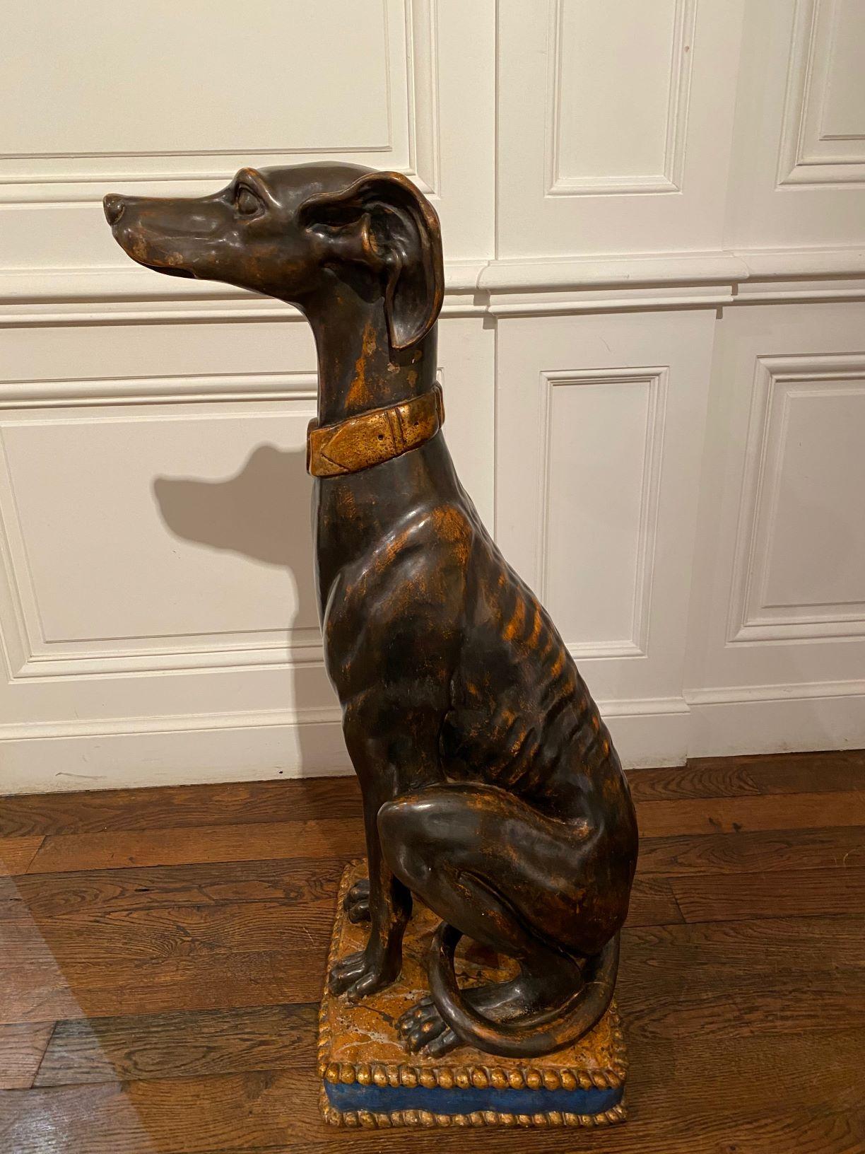 Italian Exceptional Tall Polychrome Giltwood Sculture of a Greyhound, Italy, 19th C. For Sale