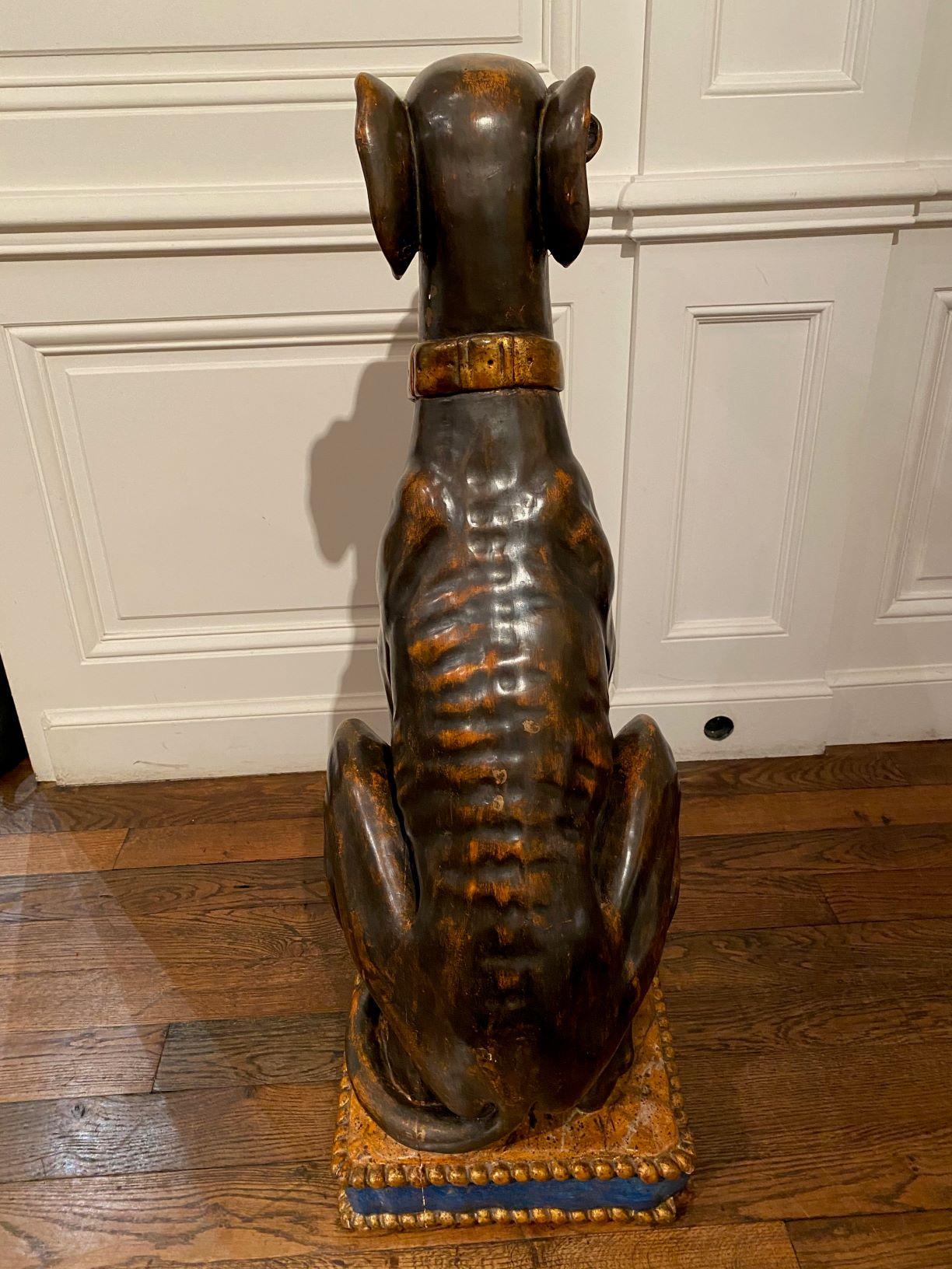 Carved Exceptional Tall Polychrome Giltwood Sculture of a Greyhound, Italy, 19th C. For Sale