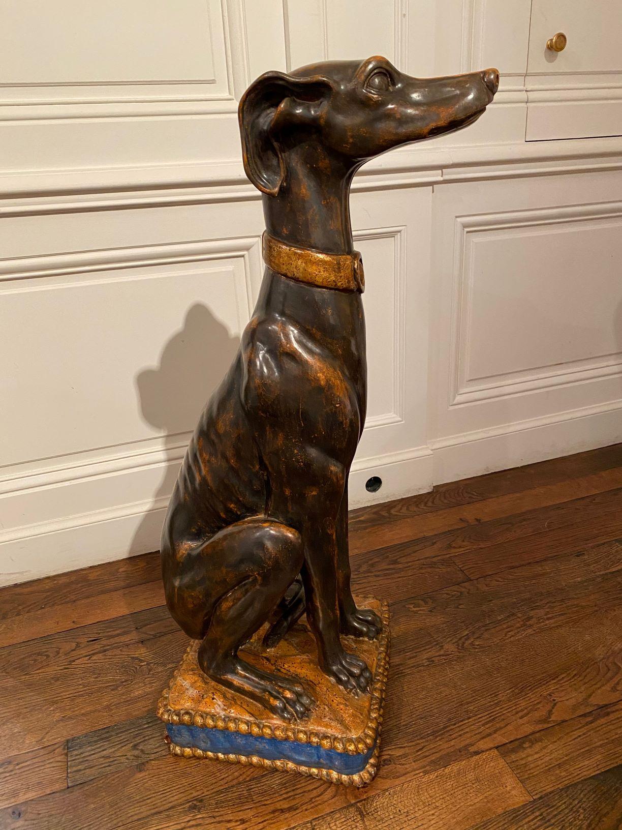 Exceptional Tall Polychrome Giltwood Sculture of a Greyhound, Italy, 19th C. In Good Condition For Sale In Saint-Ouen, FR