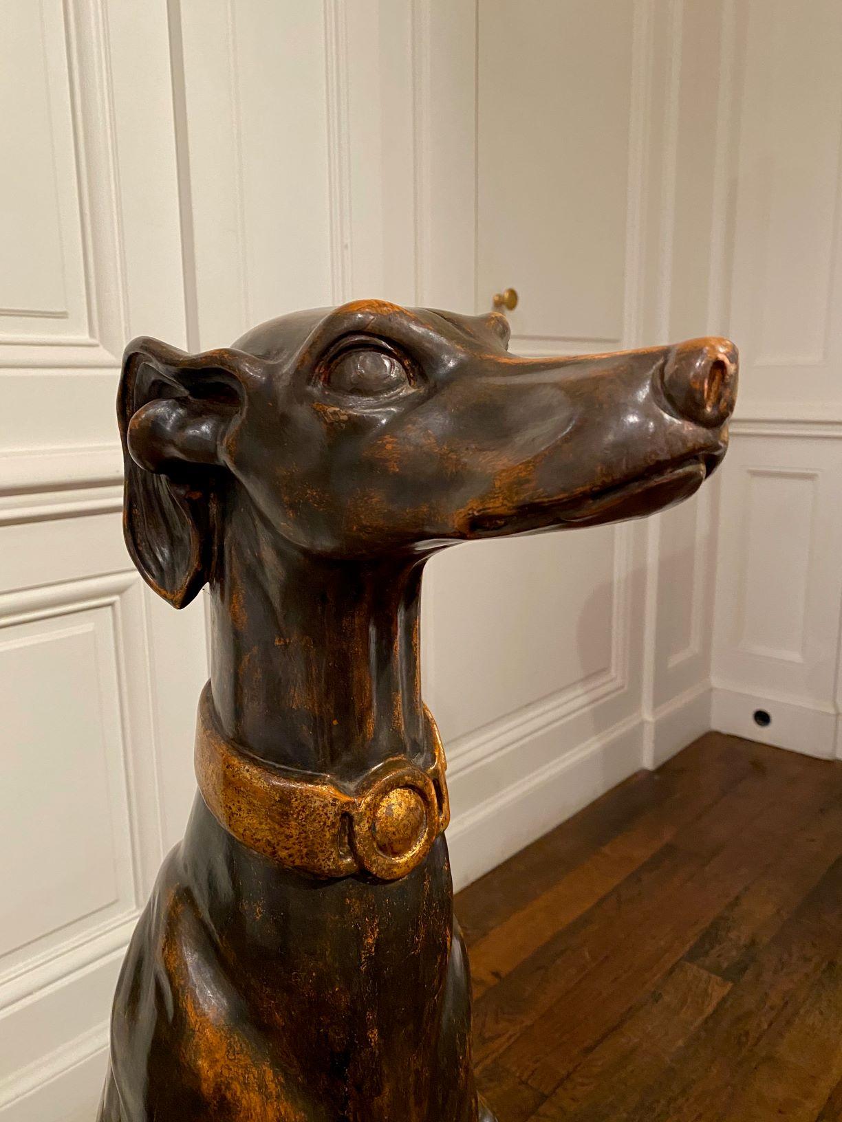 19th Century Exceptional Tall Polychrome Giltwood Sculture of a Greyhound, Italy, 19th C. For Sale