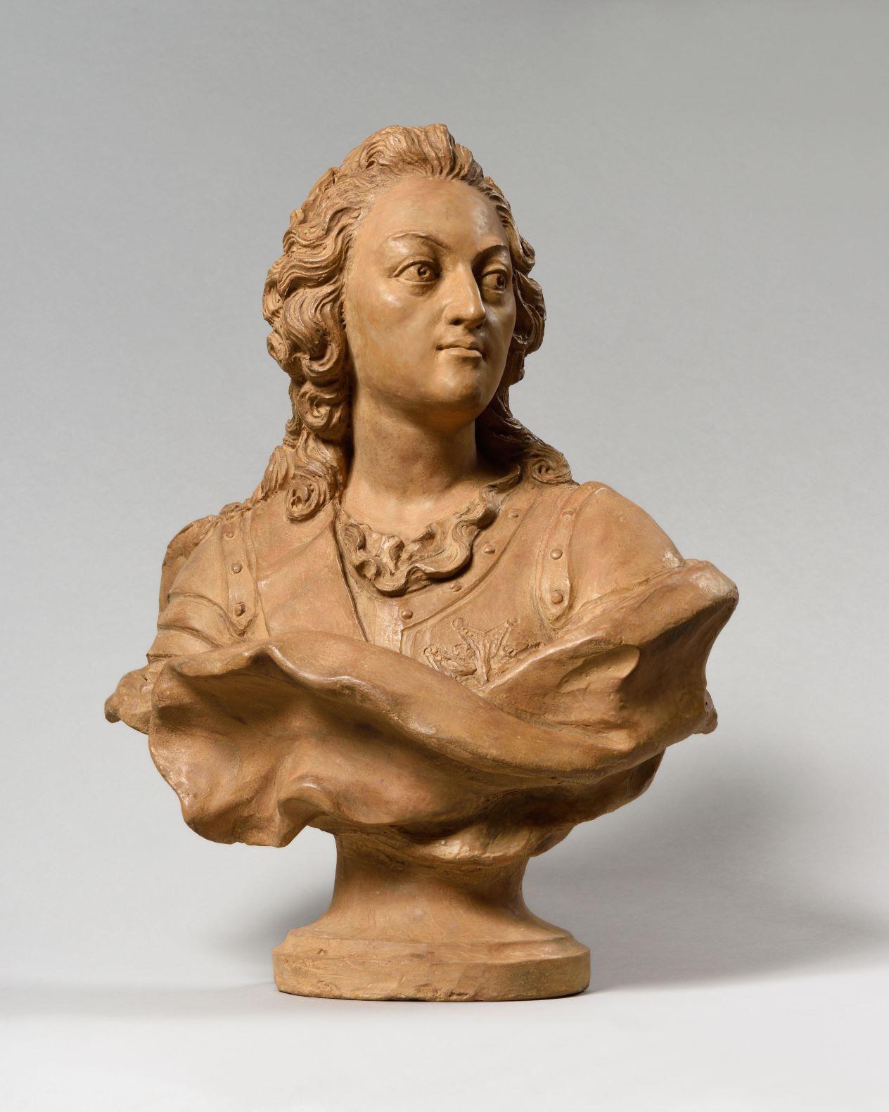 Exceptional Terracotta Bust of Louis XV by Pierre Lucas, France, mid-18th century
Pierre LUCAS 
(TOULOUSE, 1692 - TOULOUSE, 1752)
Louis Xv, Terracotta Bust
Dimensions: Hight 45 Cm – Width 40 Cm (17 ¾ In - 15 ¾ In)
Signed On The Back Of The