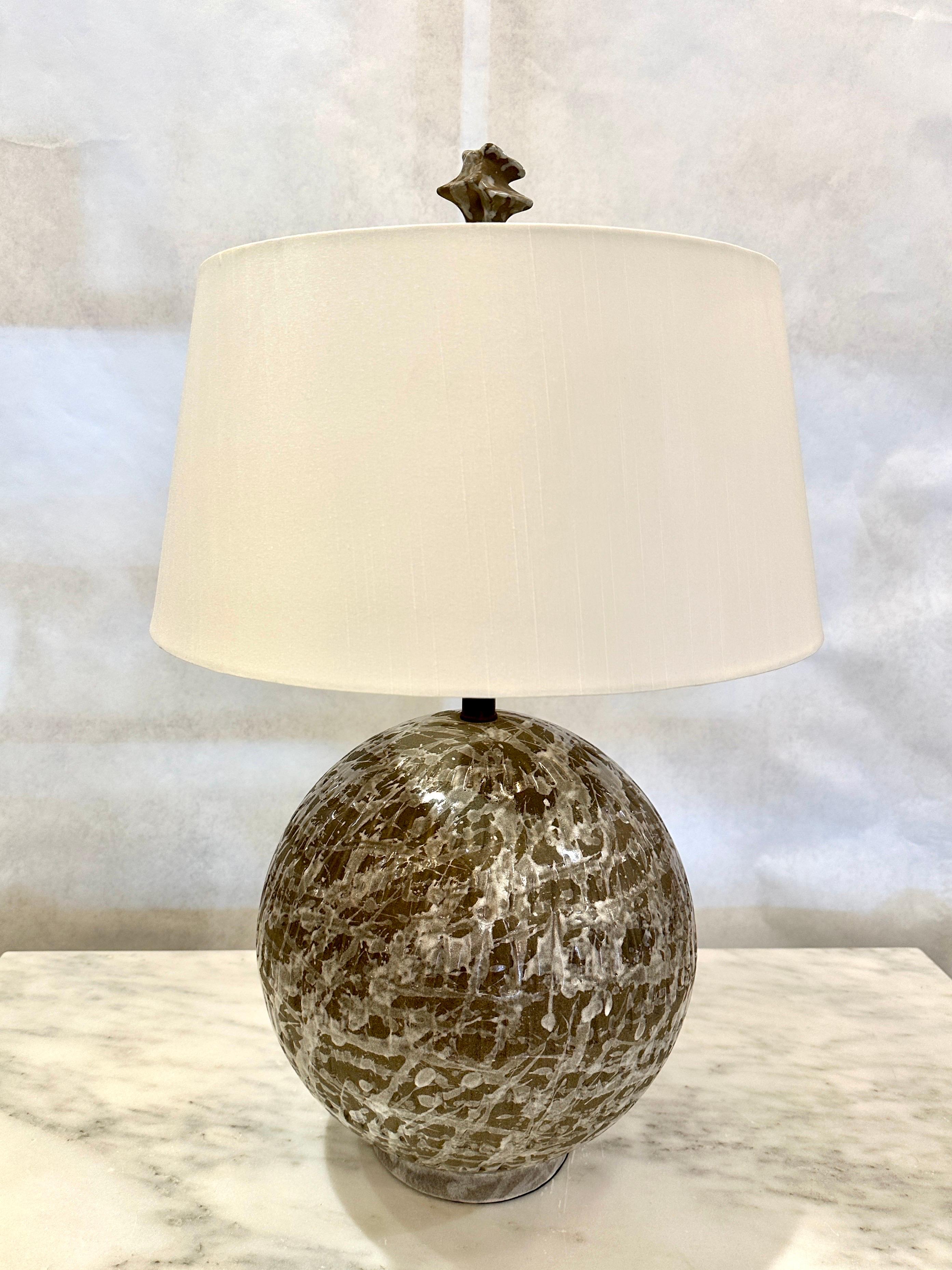 Mid-20th Century Exceptional Textured & Glazed Pottery Globe Lamp For Sale