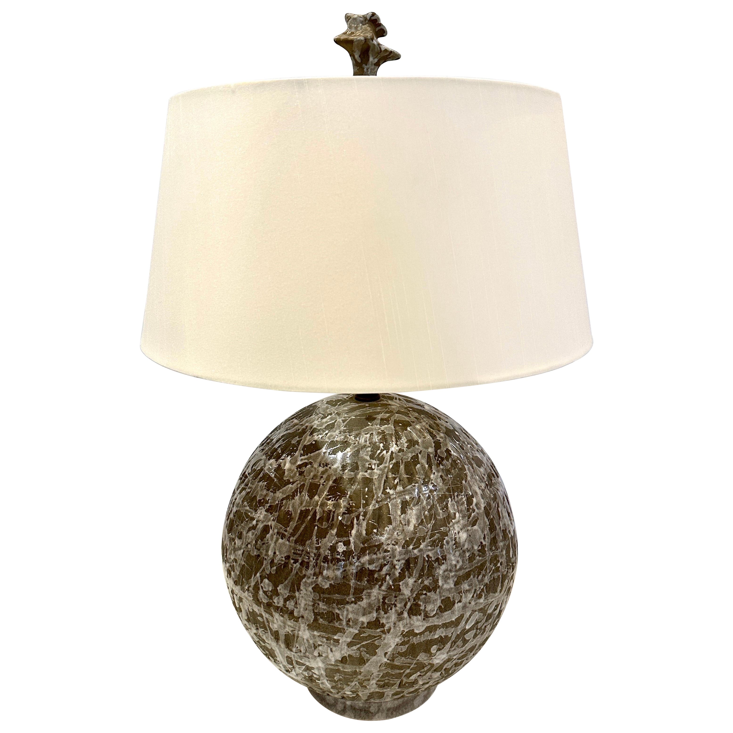 Exceptional Textured & Glazed Pottery Globe Lamp For Sale