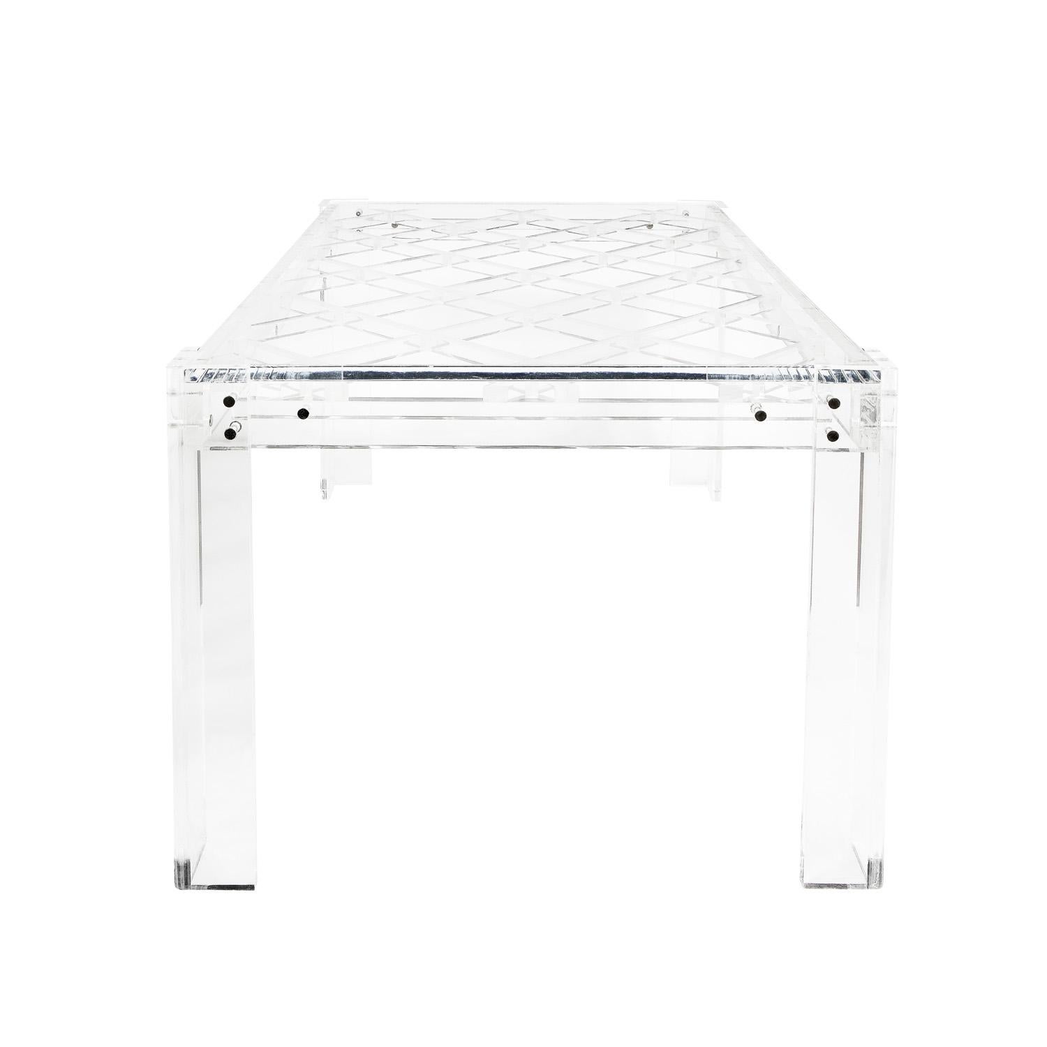 Mid-Century Modern Exceptional Thick Lucite Dining Table with Criss-Cross Design 1970s For Sale