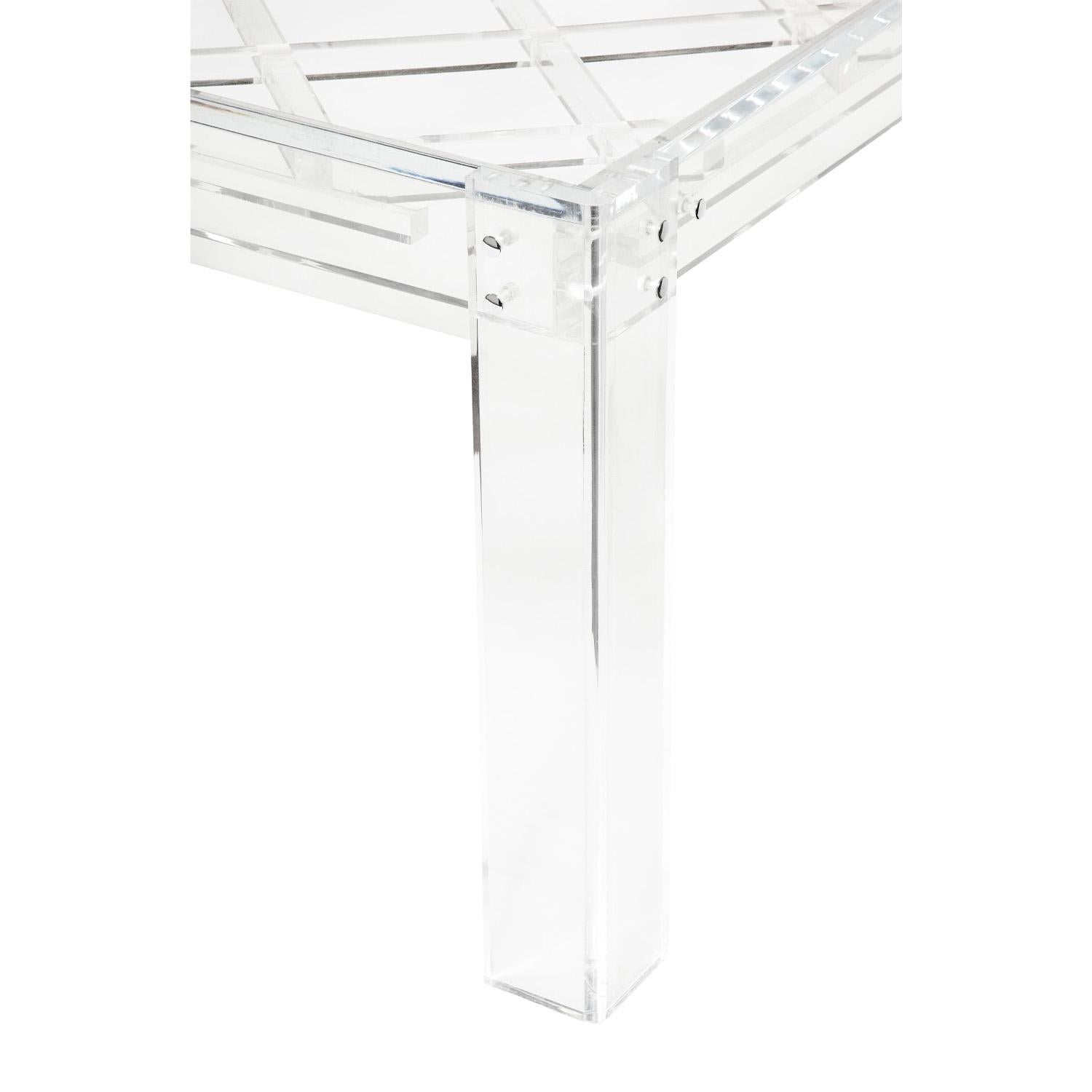 American Exceptional Thick Lucite Dining Table with Criss-Cross Design 1970s For Sale