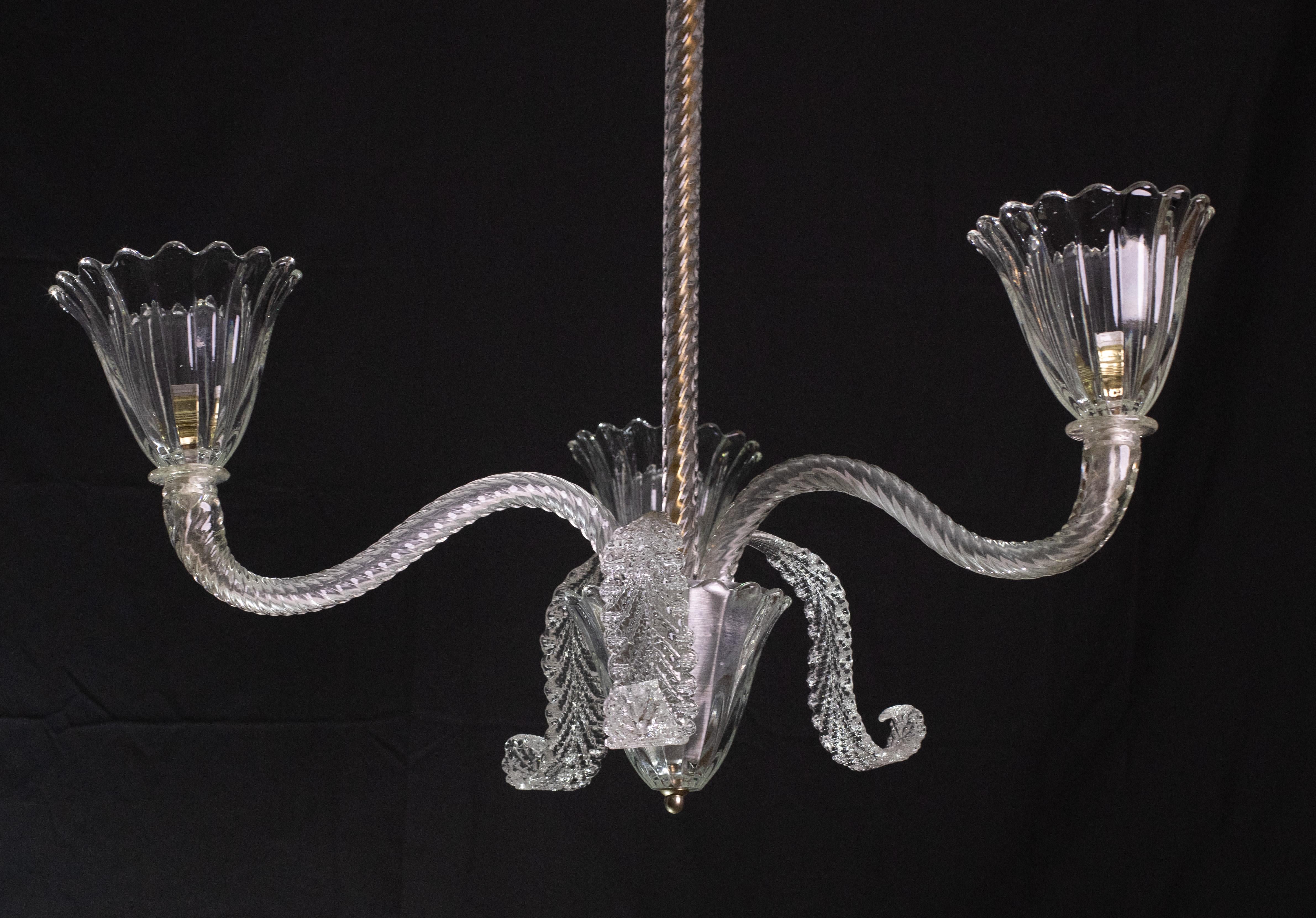 Exceptional Three Arms Chandelier by Barovier e Toso, 1950s For Sale 6