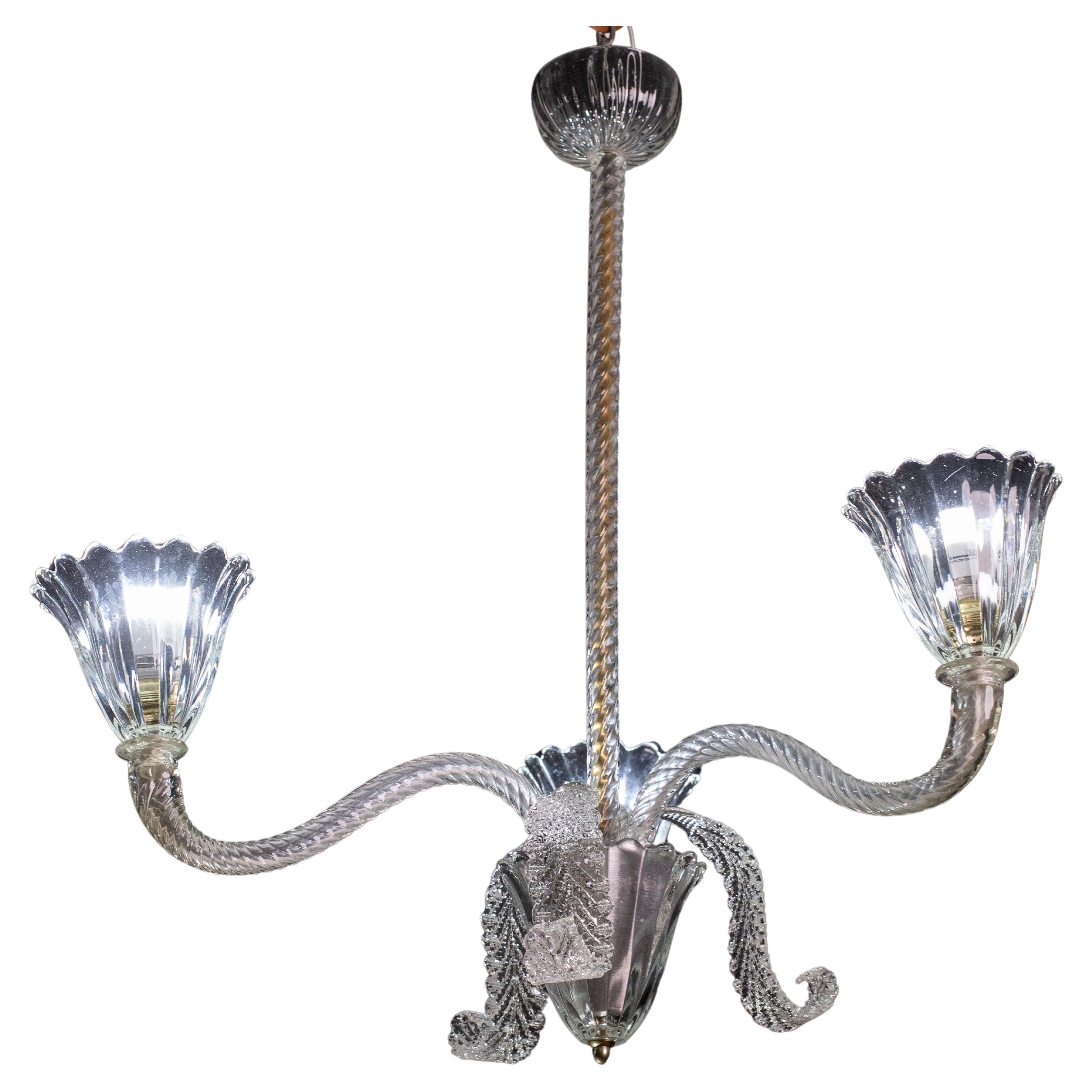 Exceptional Three Arms Chandelier by Barovier e Toso, 1950s For Sale