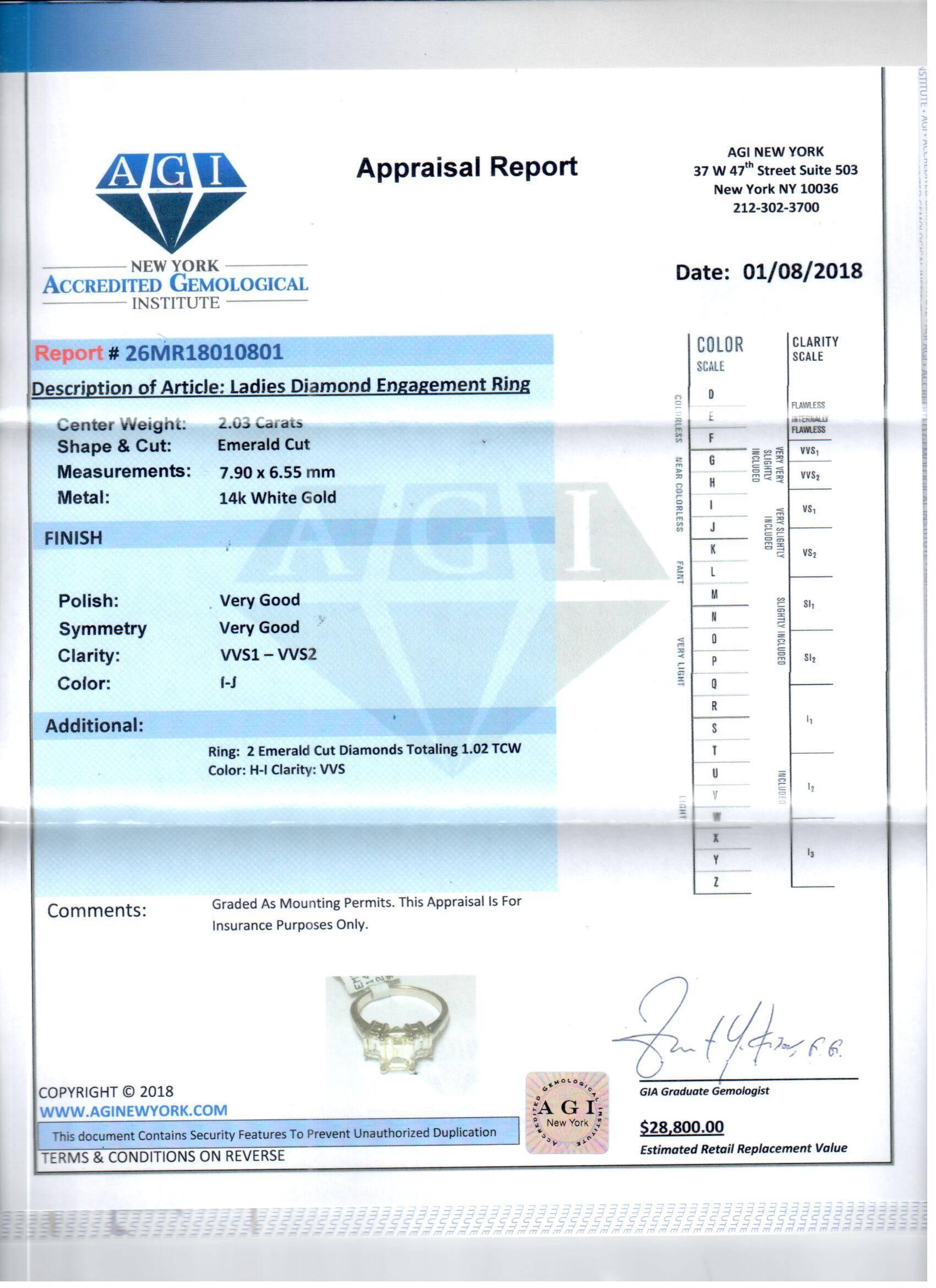 14 karat white gold diamond engagement ring with 3 emerald cut diamond.The center stone features 2.03 carat I/J color, VVS1/VVS2 clarity and accented by two emerald cut diamonds with total weight  1.02cts.
Certified by Accredited Gemological
