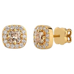 Orecchini a perno in oro giallo 18 carati con diamante colorato VS1-VS/RW, taglio a cuscino da 0,50 carati