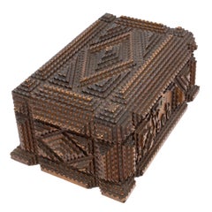 Exceptional Tramp Art Diamond and Pyramid Notched Presentation Box Dated 1900