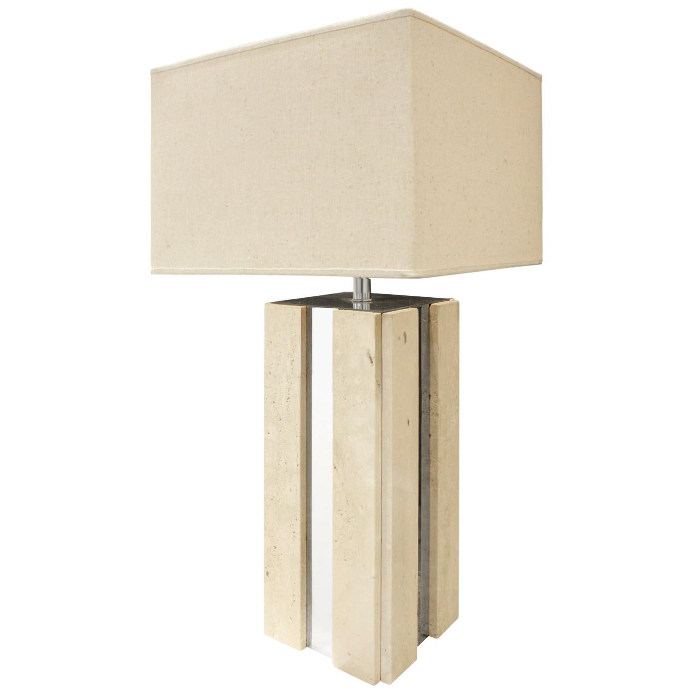 Exceptional Traventine Table Lamp with Chrome Accents, 1960s For Sale