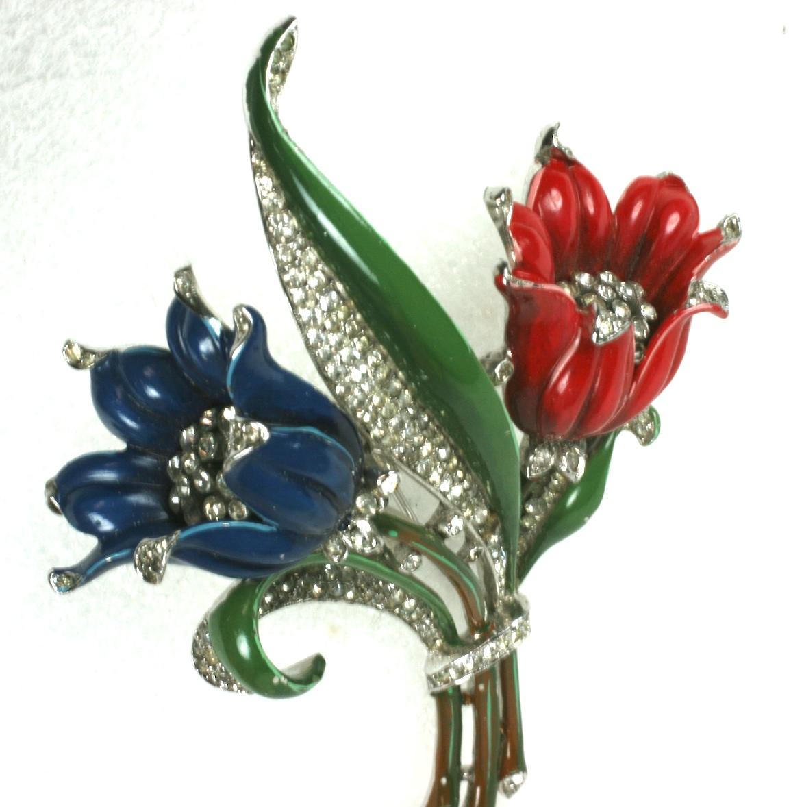 Early, Exceptional and massive Trifari Enamel Double Tulip Spray by Alfred Phillipe.  Amazing size and condition from the late 1930's, early 1940's with ORIGINAL enamel detailing. The 3 dimensional tulips are accented with fine pave in the center
