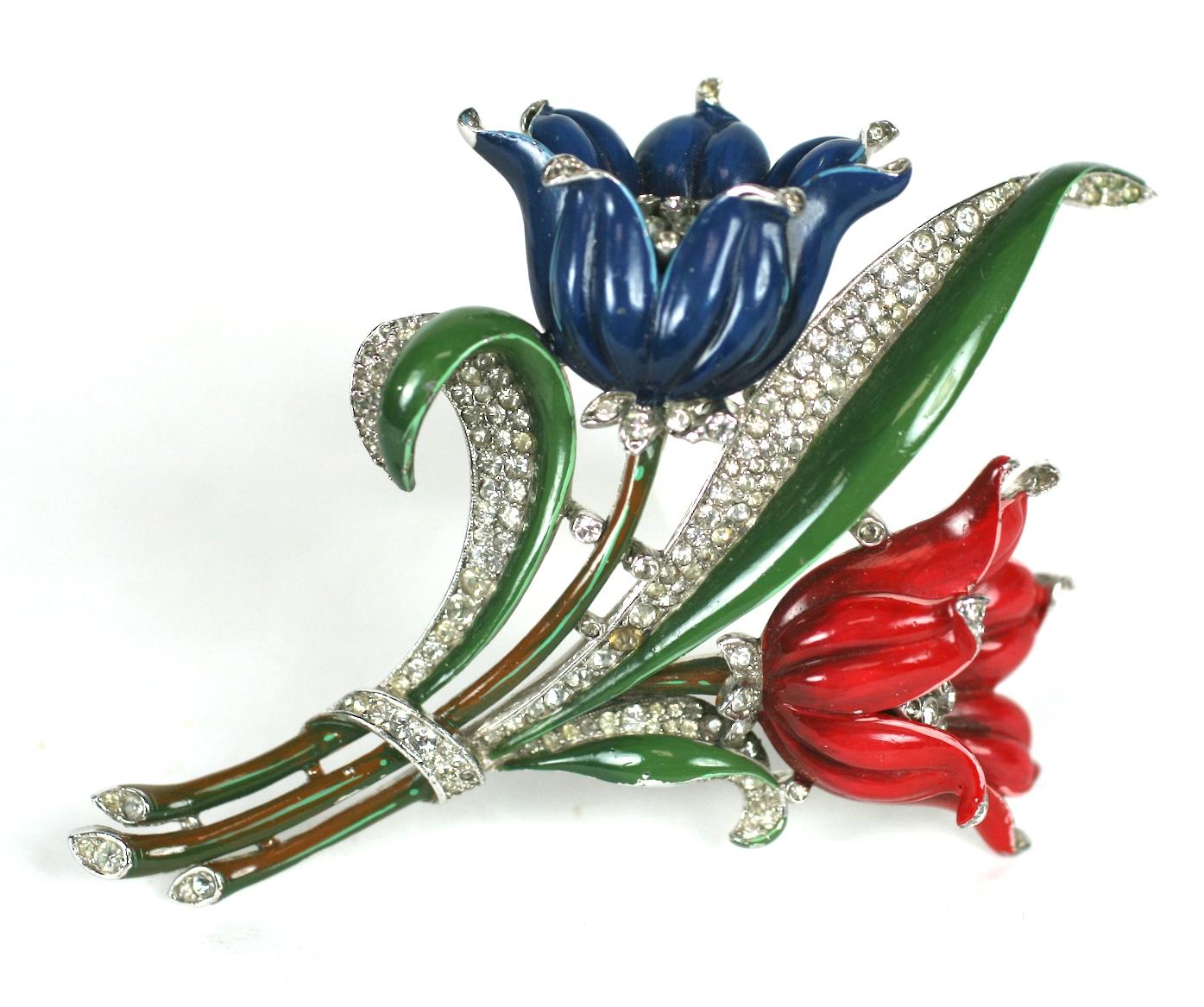 Exceptional Trifari Enamel Double Tulip Spray In Excellent Condition For Sale In New York, NY