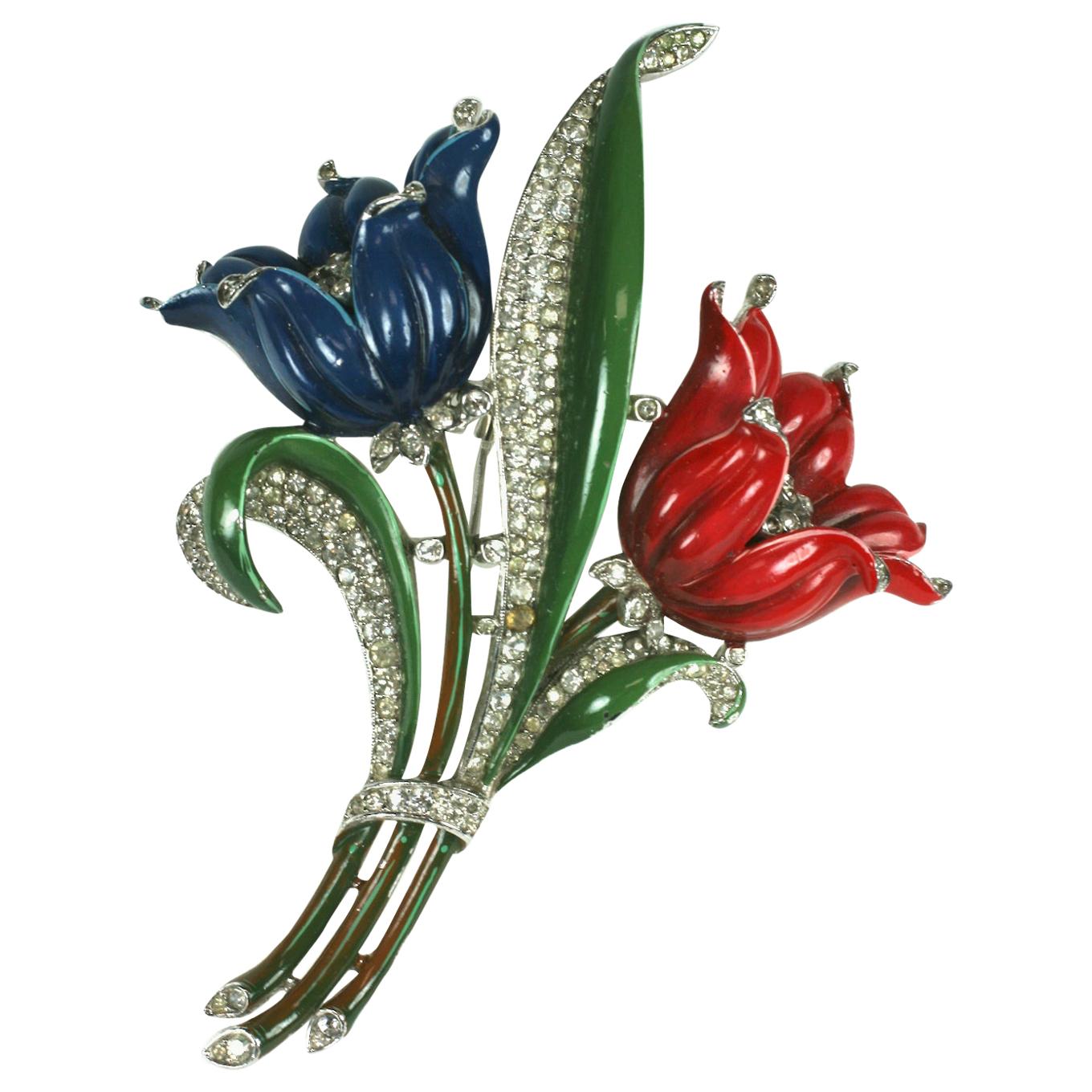 Exceptional Trifari Enamel Double Tulip Spray For Sale