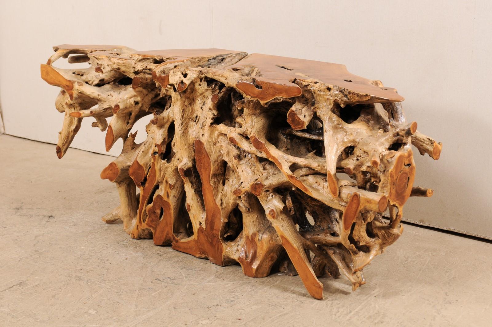 teak root console table