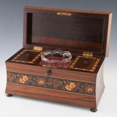 Eccezionale porta tè a doppio scomparto di Tunbridge Ware con una rara immagine di Pensh