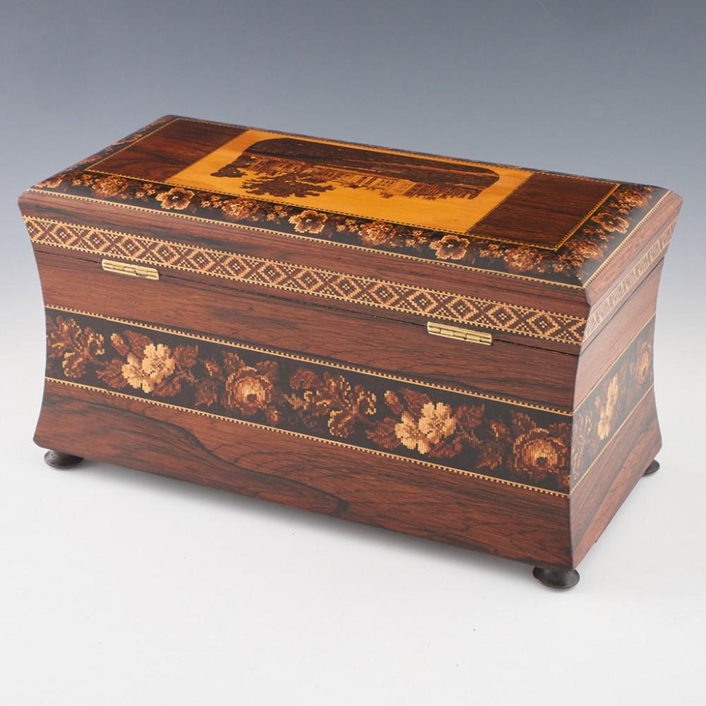 Mid-19th Century Exceptional Tunbridge Ware Double Compartment Tea Caddy with Rare Image of Pensh For Sale