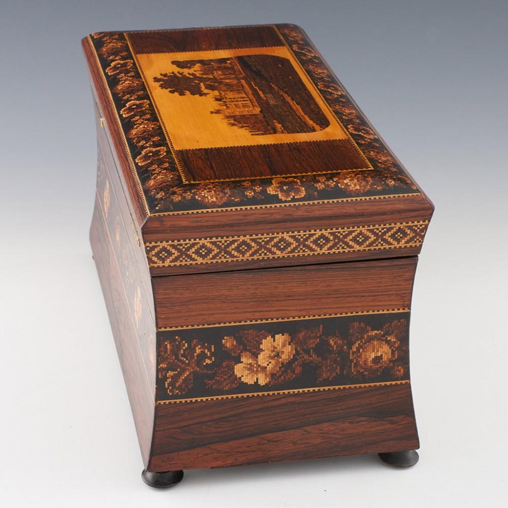 Wood Exceptional Tunbridge Ware Double Compartment Tea Caddy with Rare Image of Pensh For Sale