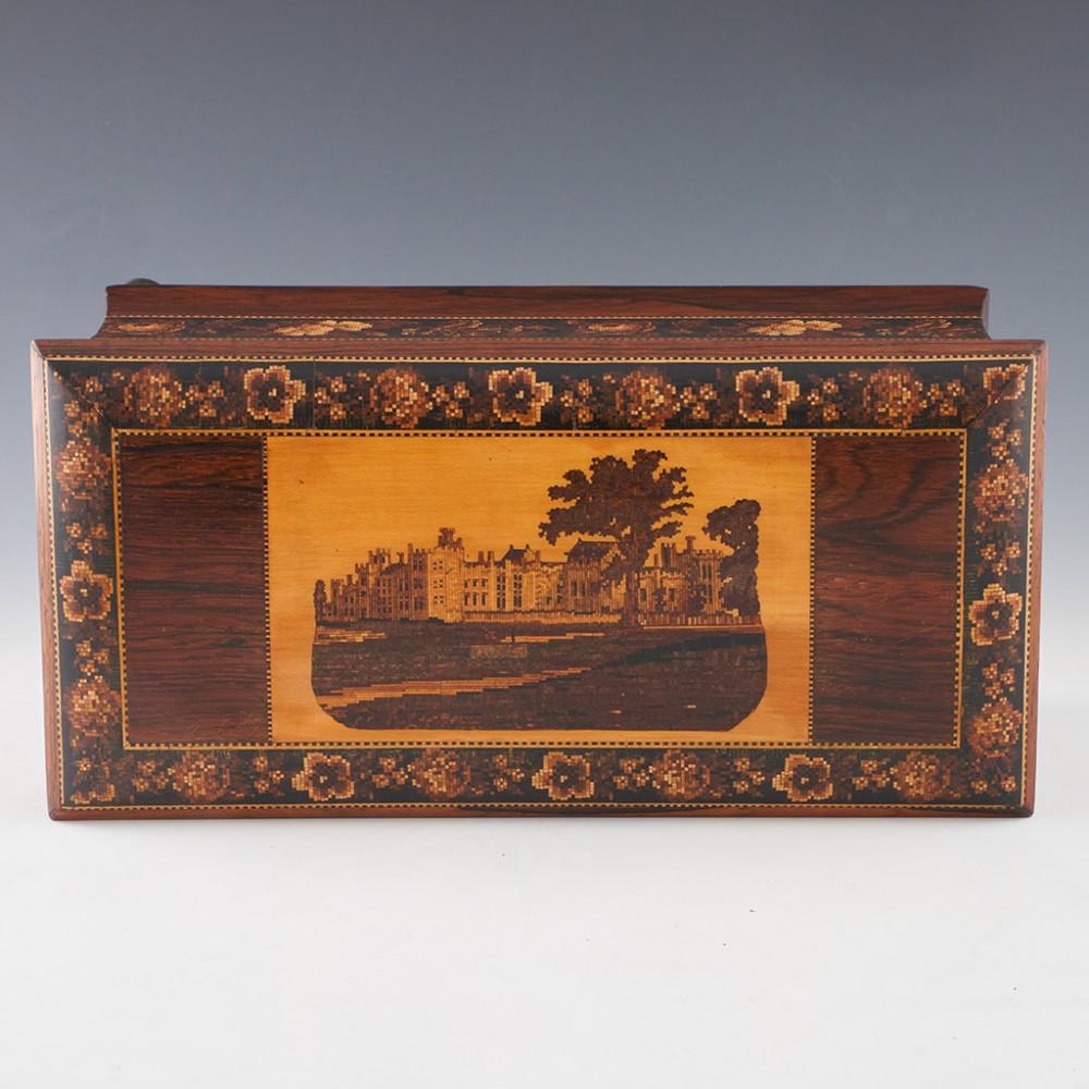 Exceptional Tunbridge Ware Double Compartment Tea Caddy with Rare Image of Pensh For Sale 1