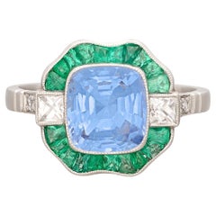 Antique Exceptional Unheated Sapphire, Emerald & Diamond Ring