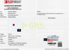Excepcional rubí de sangre de paloma de Mozambique sin tratar de 2,03 ct, certificado suizo