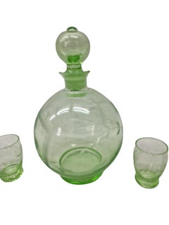 Exceptional uranium glass, liqueur cut glass, bottle shot glasses, 1915 Bohemian