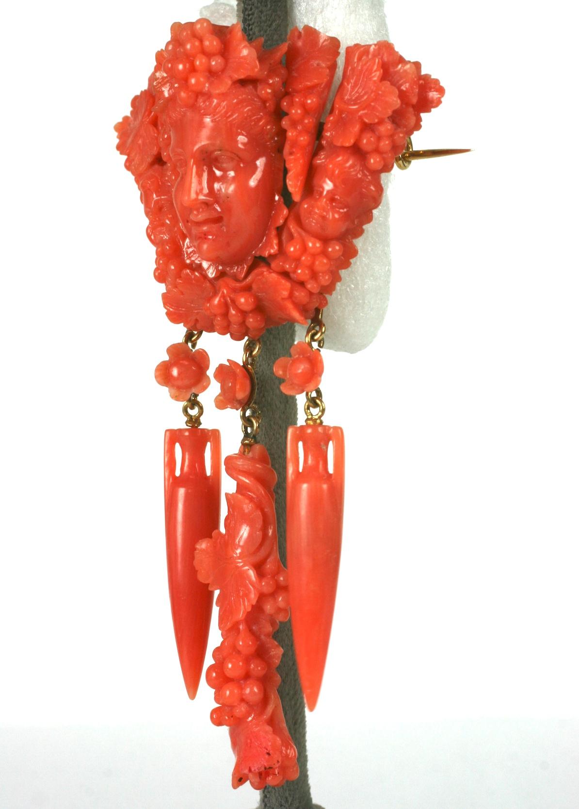 Uncut Exceptional Victorian Carved Coral Brooch