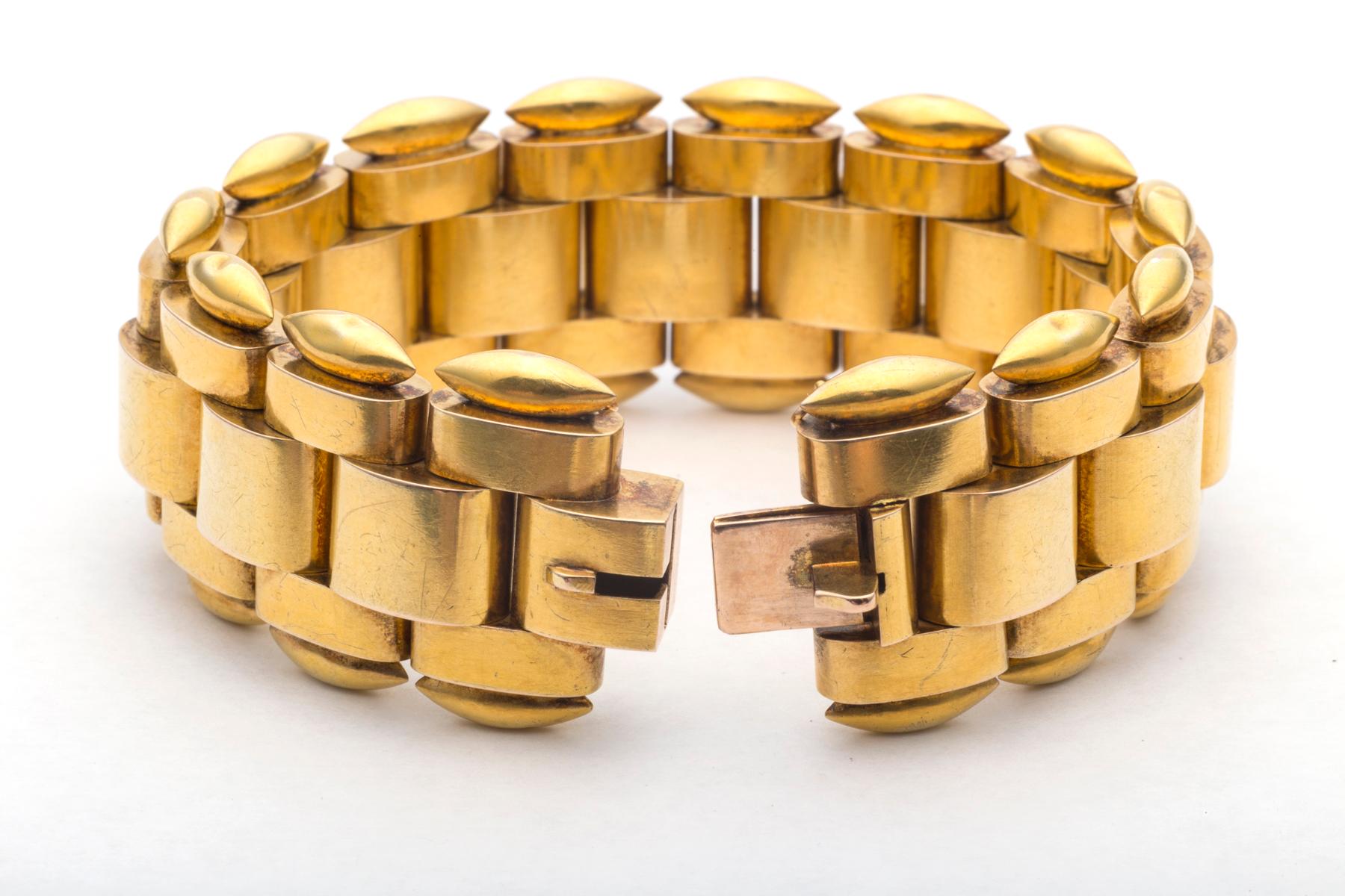 Exceptional Victorian, circa 1875-1900, handmade 14 karat yellow gold link bracelet has a modern architectural soul.  With a warm glowing patina, it is designed with as much passion as any precious historic landmark.  Flexible and comfortable at  7