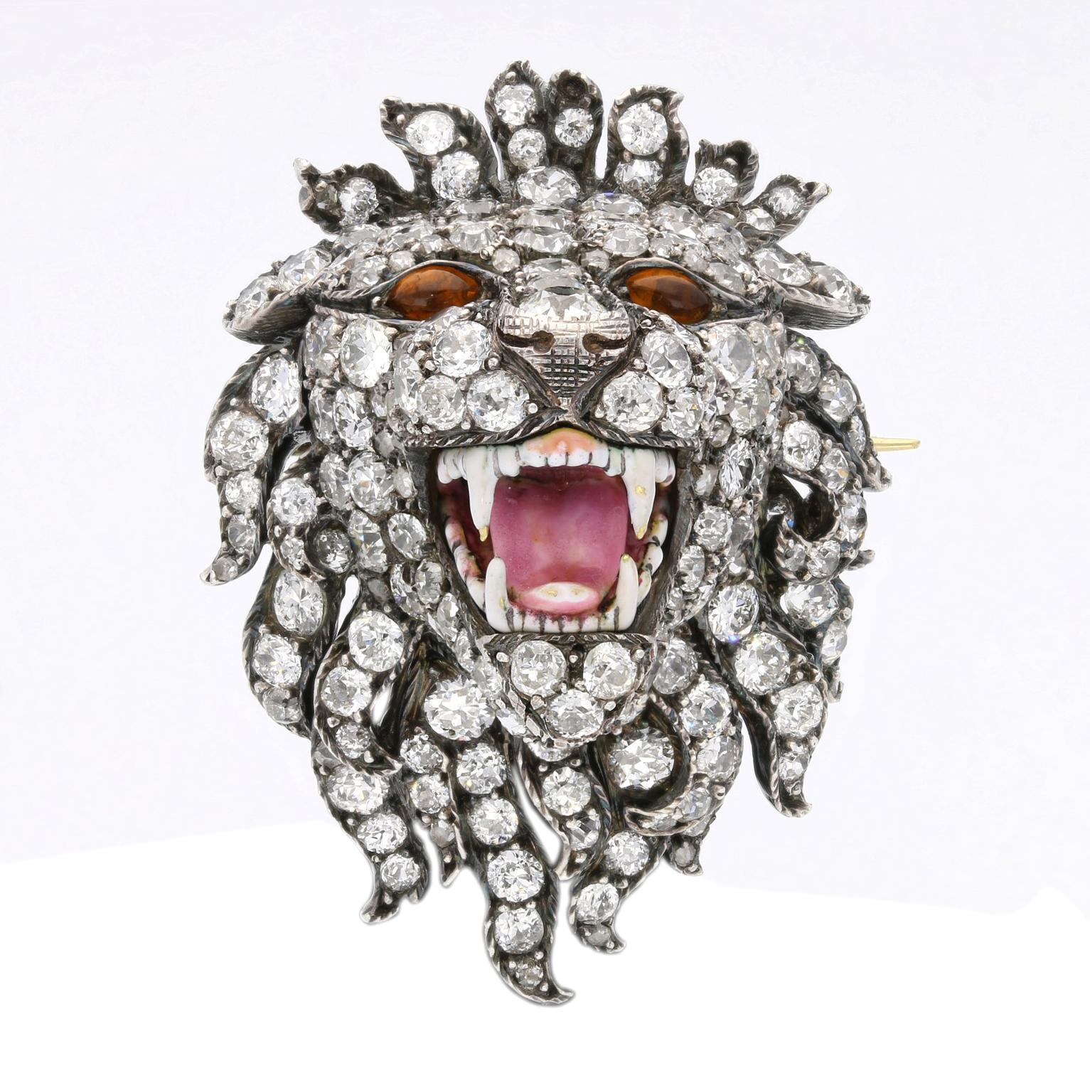 Old Mine Cut Exceptional Victorian 'Roaring Lion' Diamonds, Citrines and Enamel, circa 1890