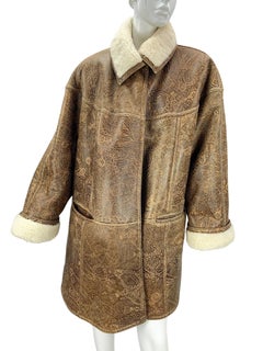Exceptional Vintage Gucci Tooled Leather Symbols Shearling Swing Coat Oversize